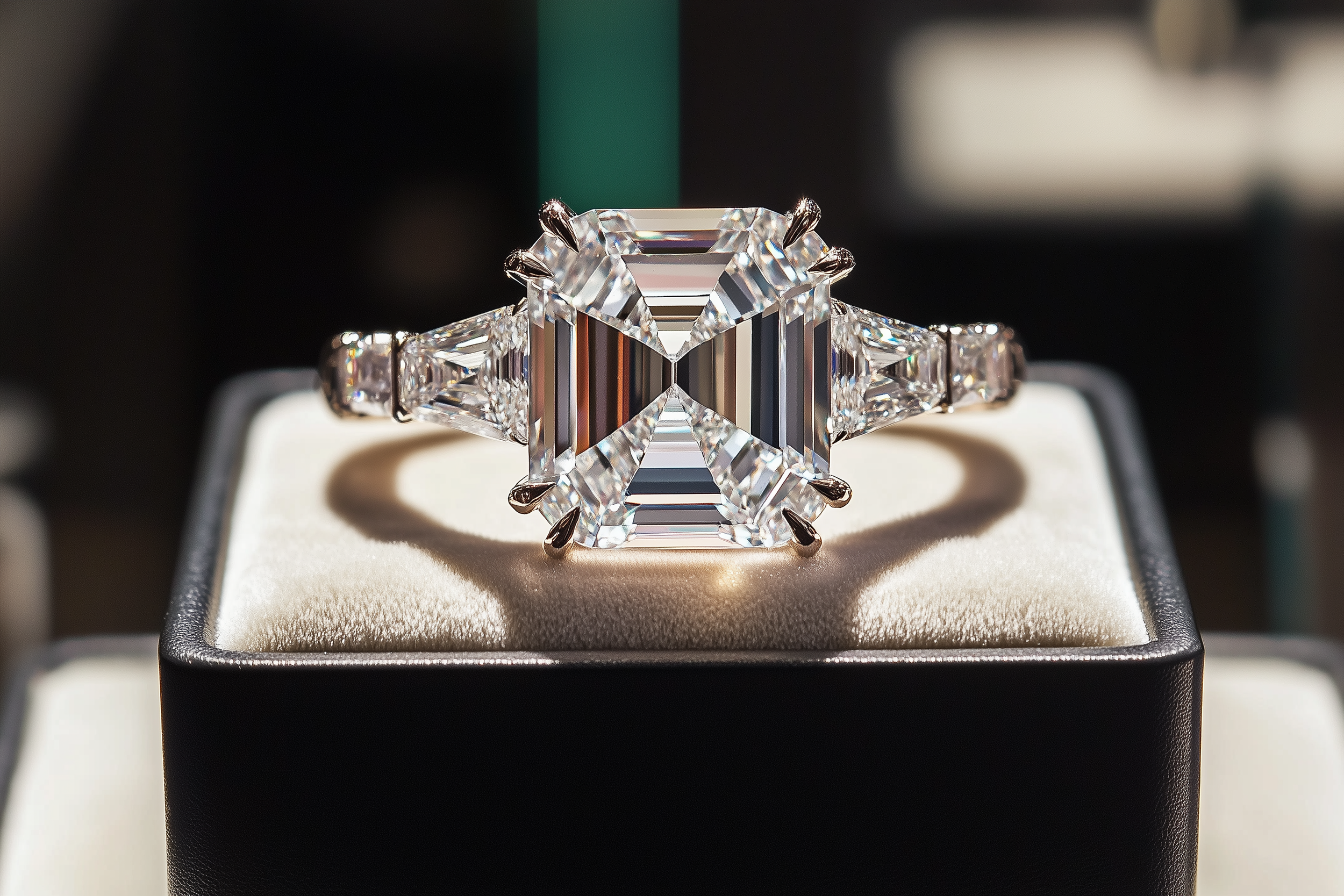 Ein filigraner Diamantring mit einem großen, rechteckigen Diamanten in platinfarbiger Fassung, präsentiert auf einem dunkelgrauen Schmuckständer.
