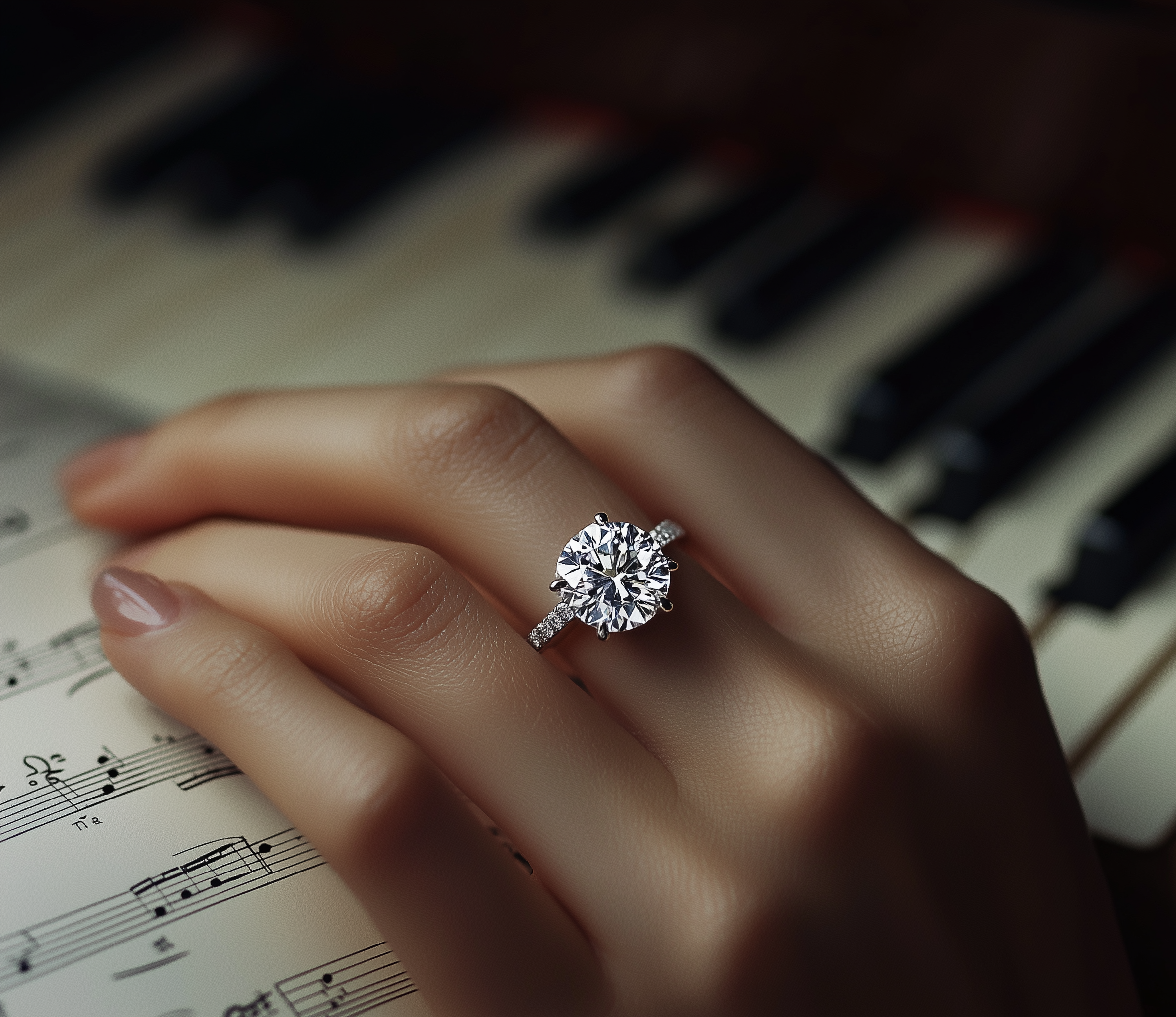 Nahaufnahme einer Hand mit einem großen Diamantring vor Notenblatt mit Musiknoten, im Hintergrund ein Klavier.