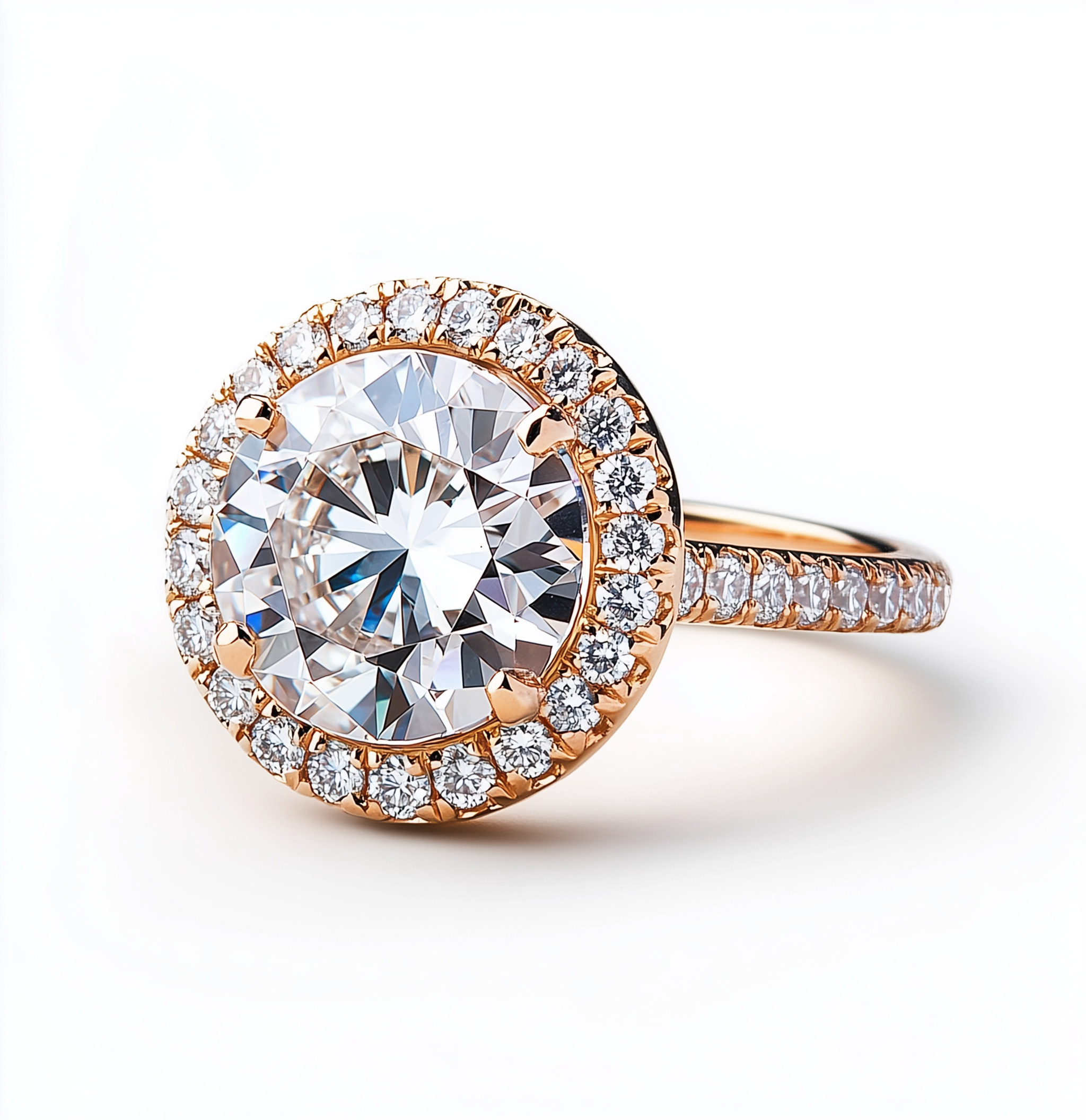 Ein runder Ring mit einem großen, facettierten Diamanten in der Mitte, umgeben von kleineren Diamanten, eingebettet in einen roségoldenen Rahmen.