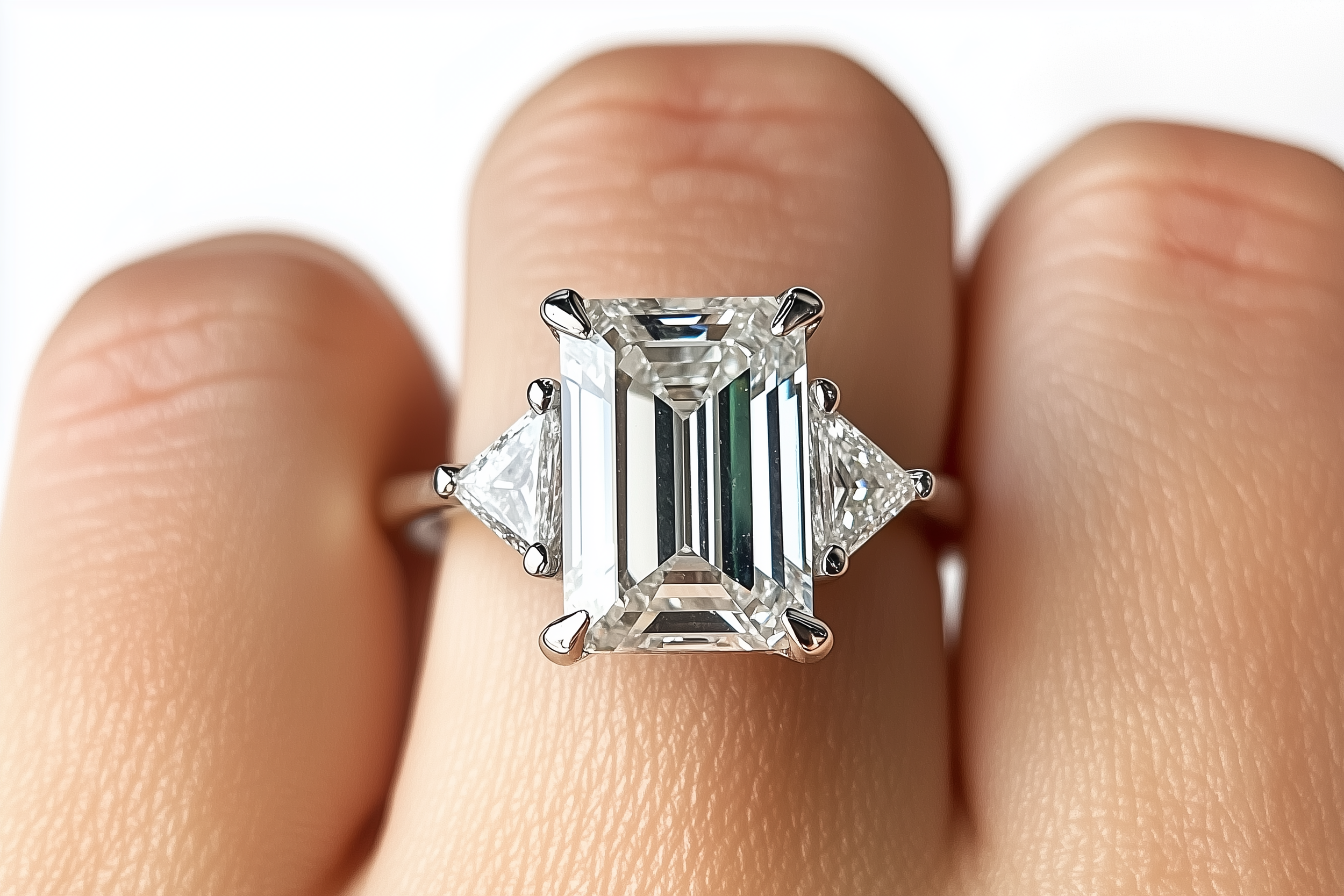 Ein großer, rechteckiger Diamantring mit seitlichen kleineren Diamanten, gehalten an einem Finger.