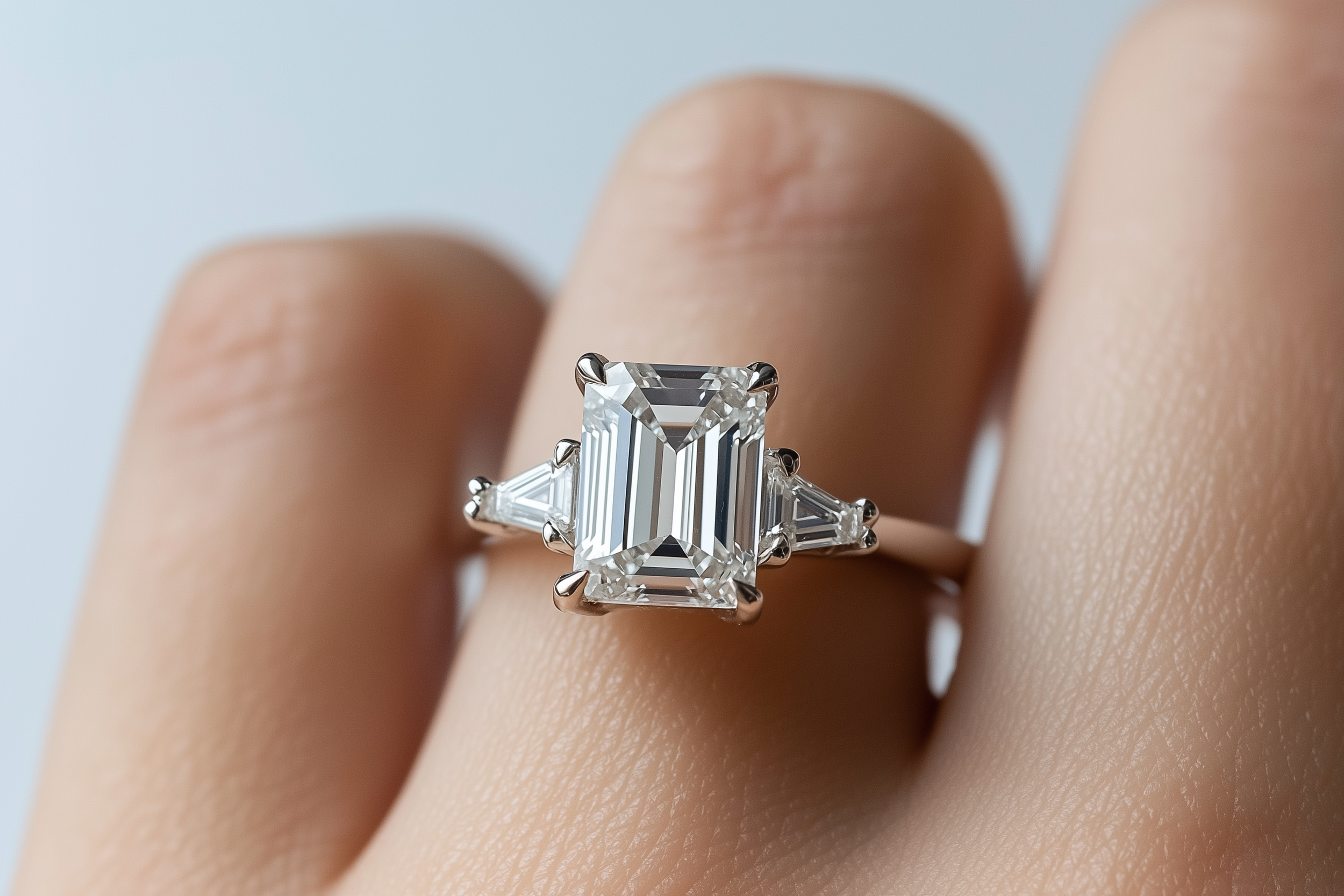 Ein Finger trägt einen großen, rechteckigen Diamanten in einem Black-Cut-Design, fixiert in einem Schmuckring, Fotografiert aus kurzer Entfernung.