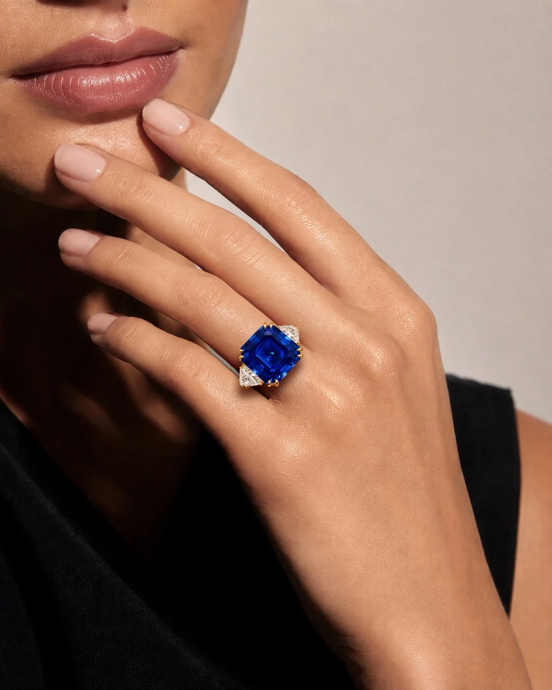 Eine Hand mit einem großen blauen Edelsteinring und gepflegten Nägeln. Der Hintergrund ist neutral, der Fokus liegt auf dem Ring.