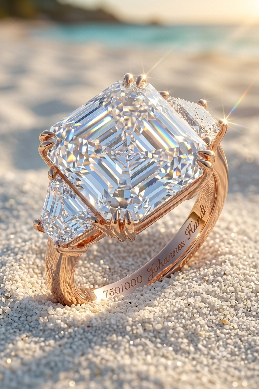 Ein gravierter 750/1000 Goldring mit einem großen, quadratischen Diamanten, der auf Sand am Strand bei Sonnenuntergang liegt.