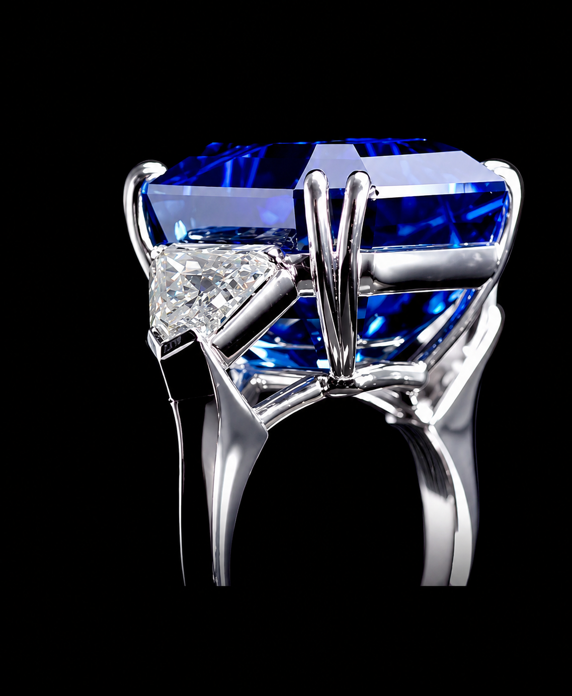 Ein eleganter Ring mit einem großen blauen Edelstein im Zentrum und einem kleinenDiamanten an der Seite, umgeben von einem glänzenden Silber- oder Weißgold-Finish.