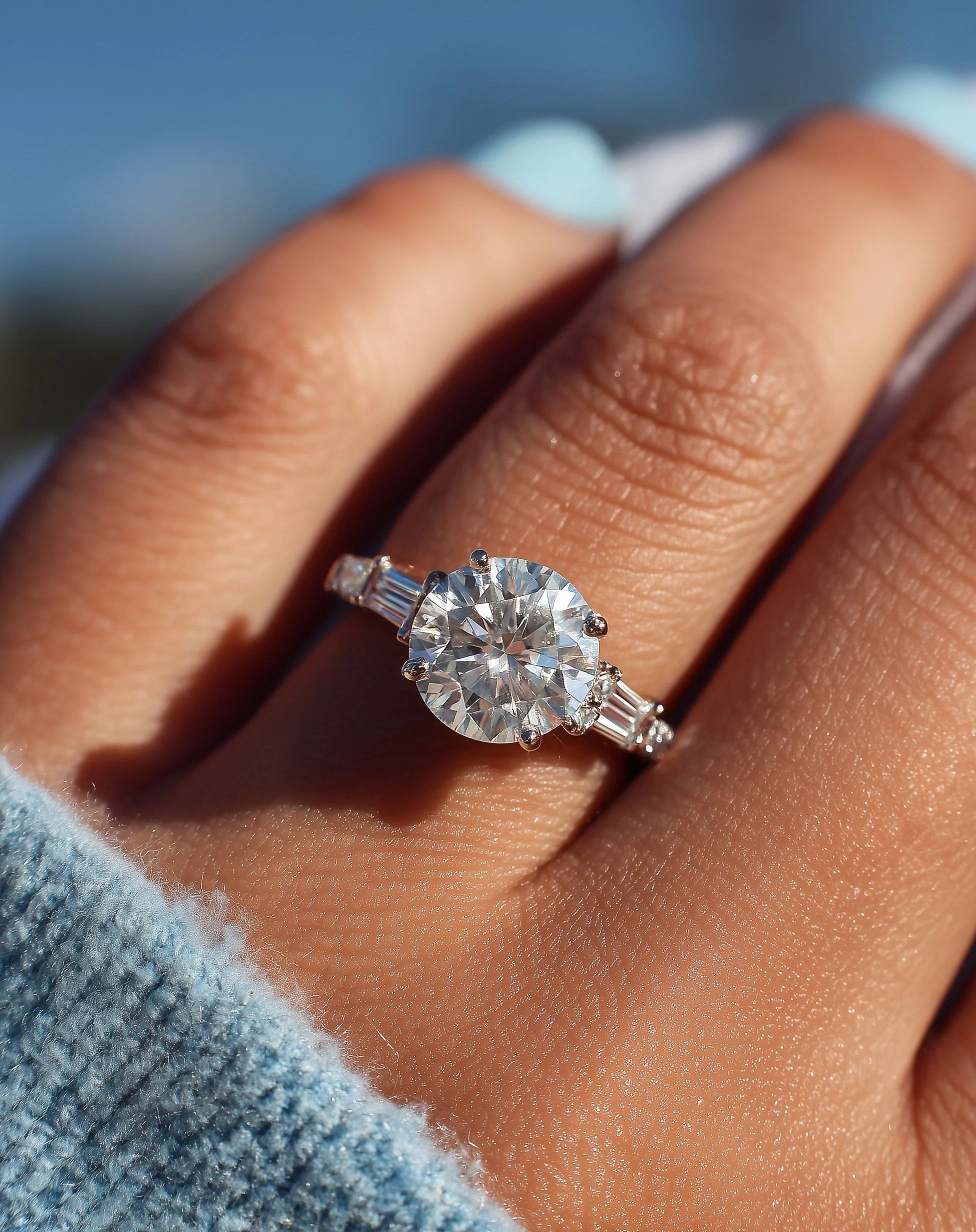 Nahaufnahme eines Fingers mit einem großen Diamantschmuck, umgeben von Jeansstoff und Haut.