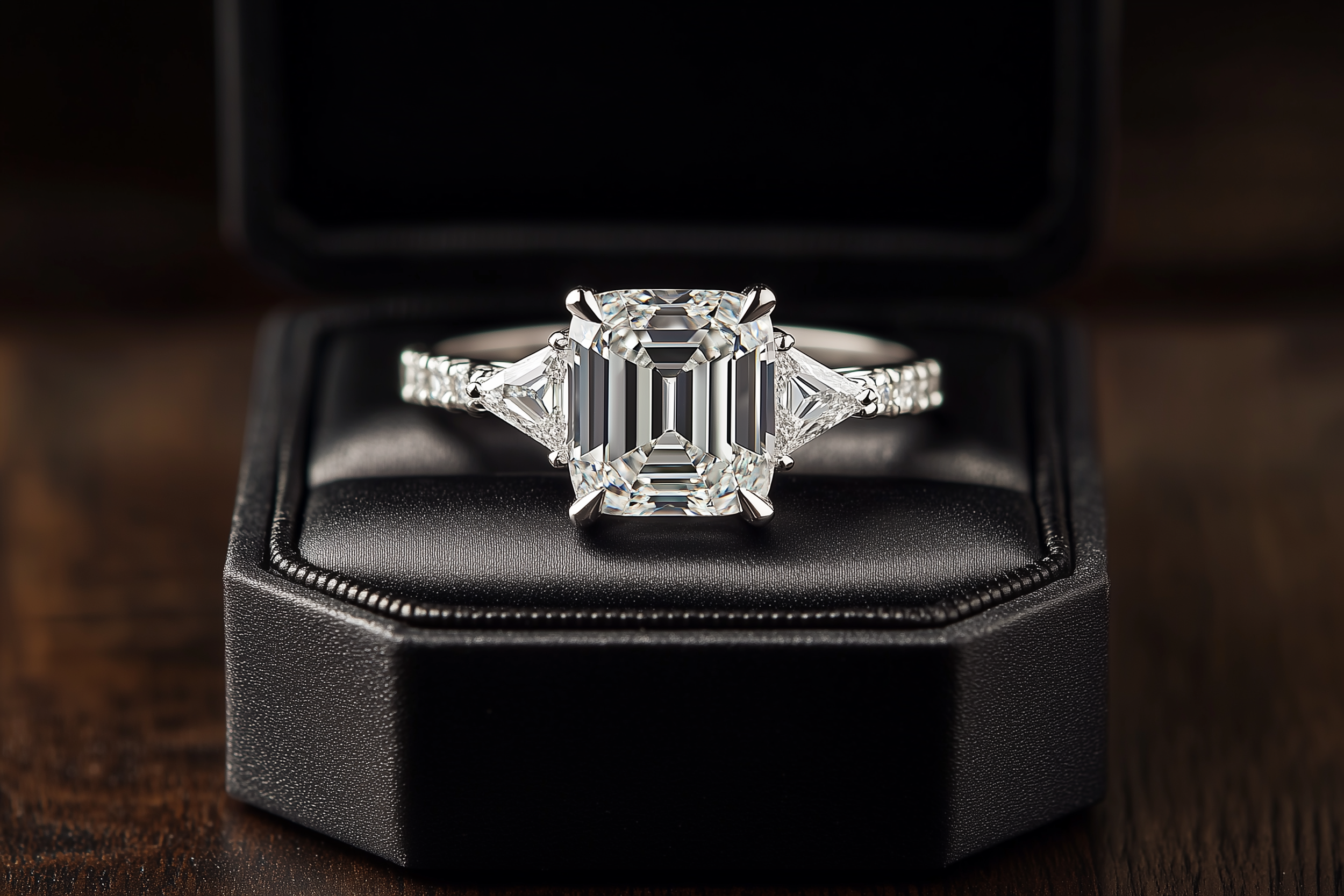 Diamantring mit großen, rechteckigen Diamanten in einer schwarzen Schatulle auf einem Holzuntergrund.