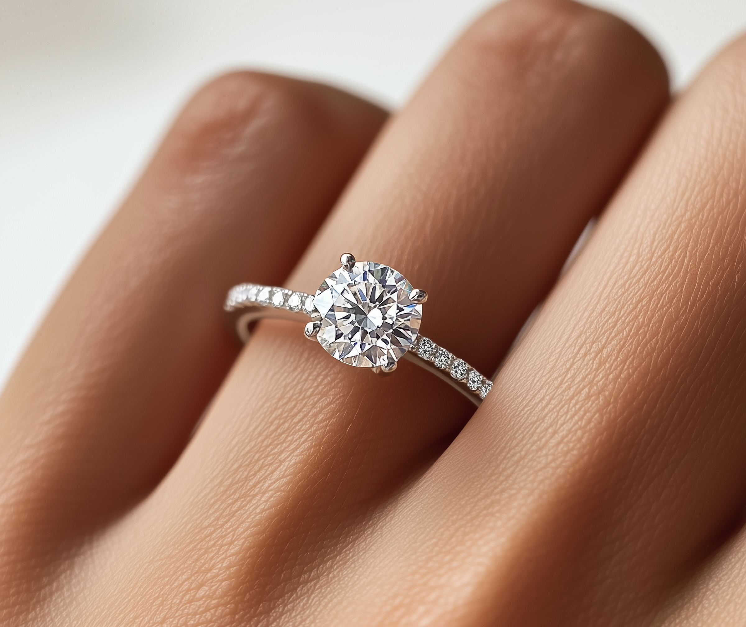 Nahaufnahme eines Diamantrings mit einem großen Diamanten, getragen auf einem Finger, vor einem unscharfen Hintergrund.