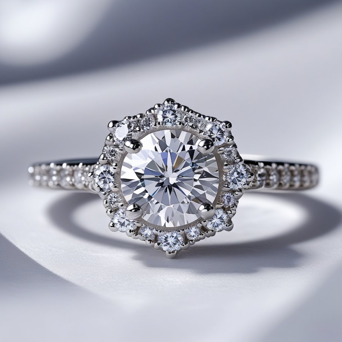 Ein silberner Ring mit großem runden Diamanten in Zentrum, umgeben von einem Halo aus kleineren Diamanten, auf weißem Stoff.