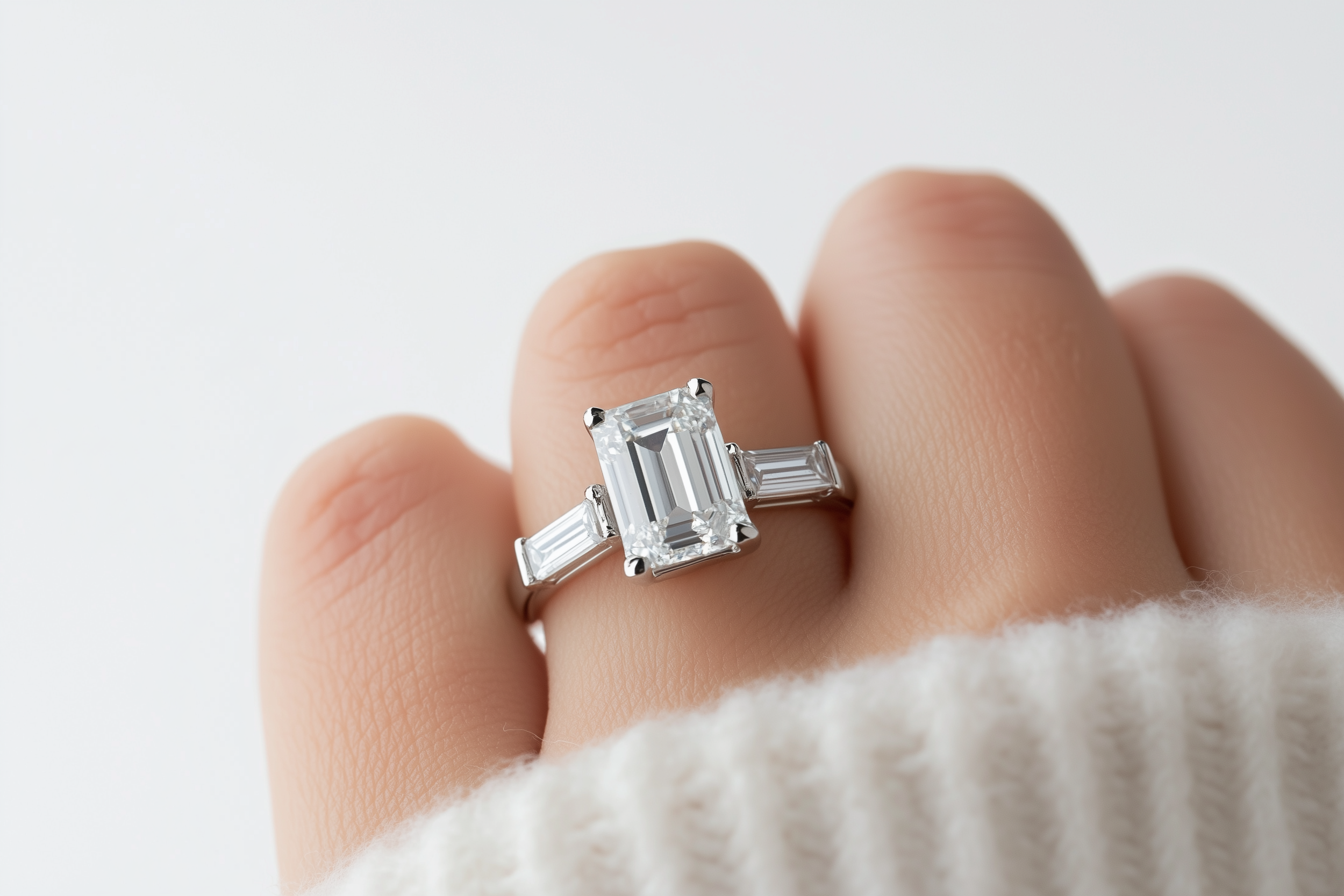 Ein Finger trägt einen großen, rechteckigen Diamantenring mit mehreren kleineren Diamanten auf einer weißen, weichen Textur.