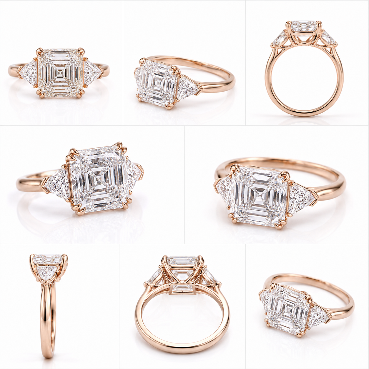 Mehrere Ansichten eines Verlobungsrings mit großen quadratischen Diamanten in einer roségoldfarbenen Fassung