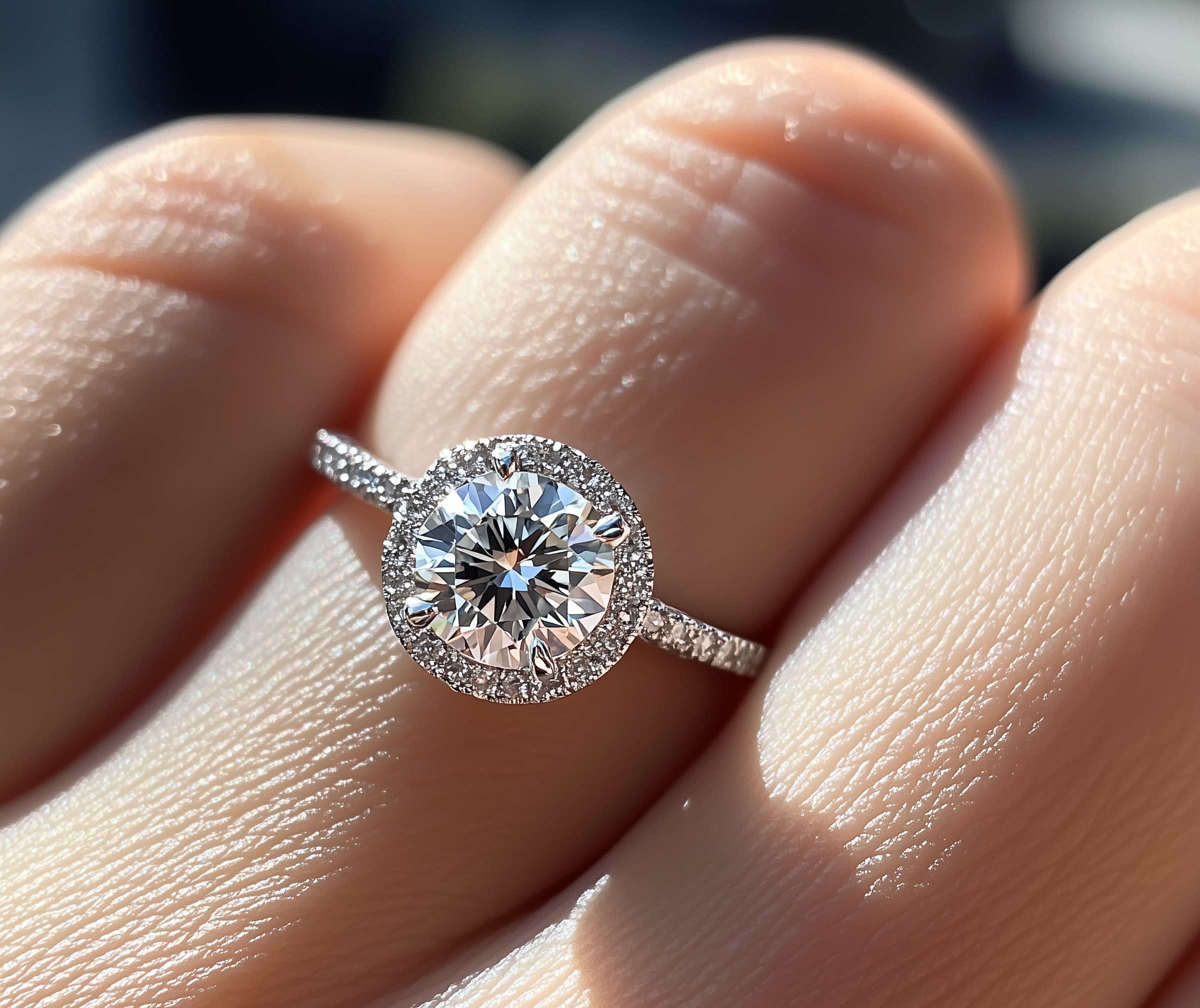 Nahaufnahme eines Diamantrings mit einem großen runden Diamanten in einer Fassung, gehalten zwischen den Fingern einer Hand.