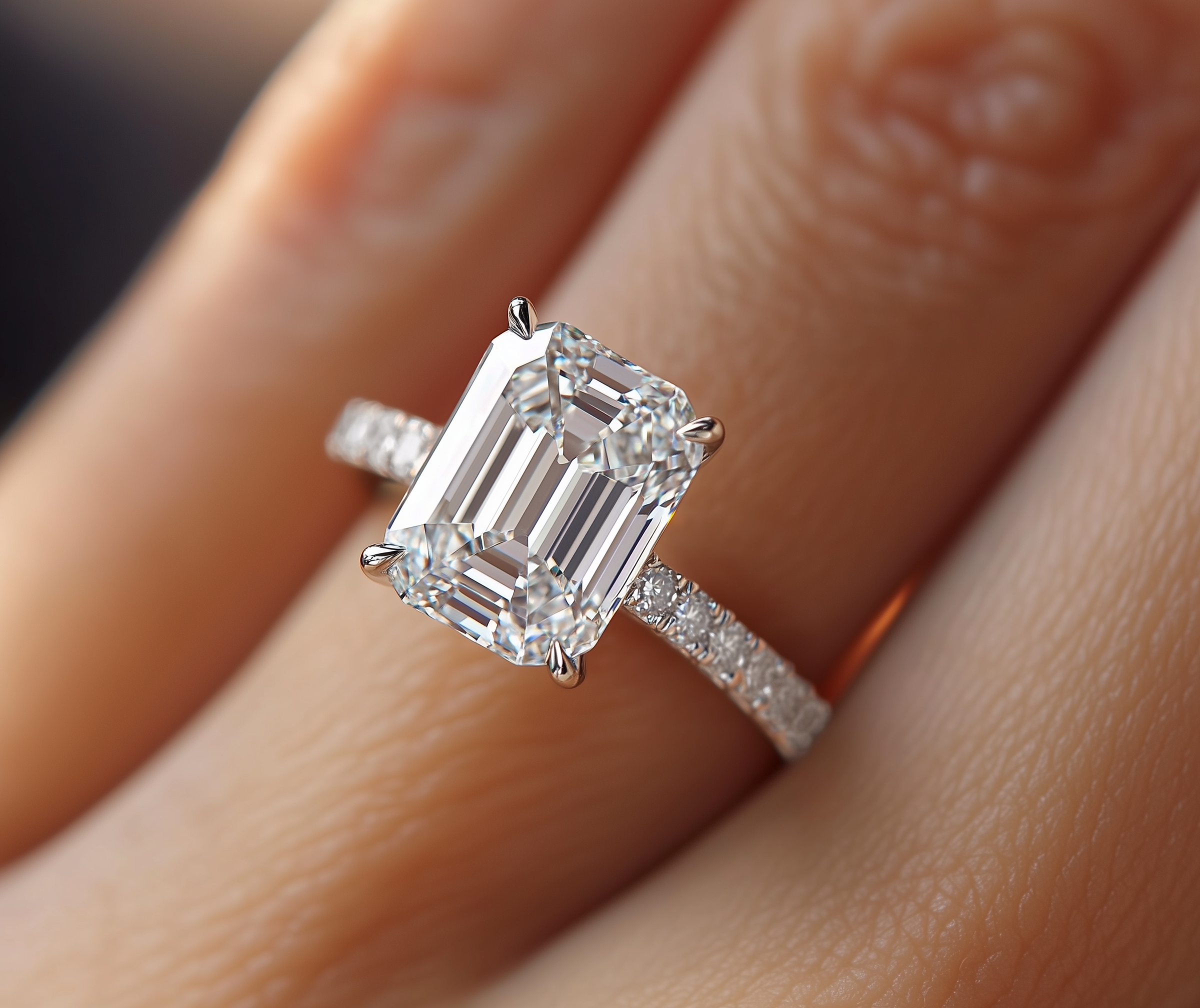 Ein Verlobungsring mit einem großen, rechteckigen, schrittweise facettierten Diamanten, befestigt an einer Band, die am Finger getragen wird.