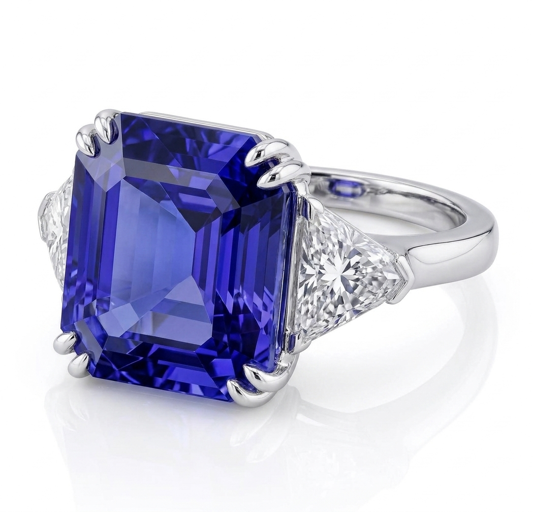 Ring mit einem großen, rechteckigen blauen Edelstein und seitlichen deutlich kleineren Diamanten in einer silbernen Fassung.