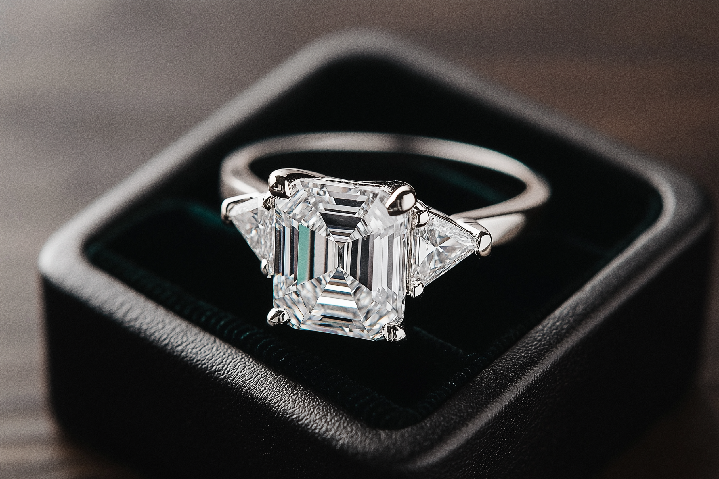 Ein großer, quadratischer Diamant in einer Schmuckschachtel.