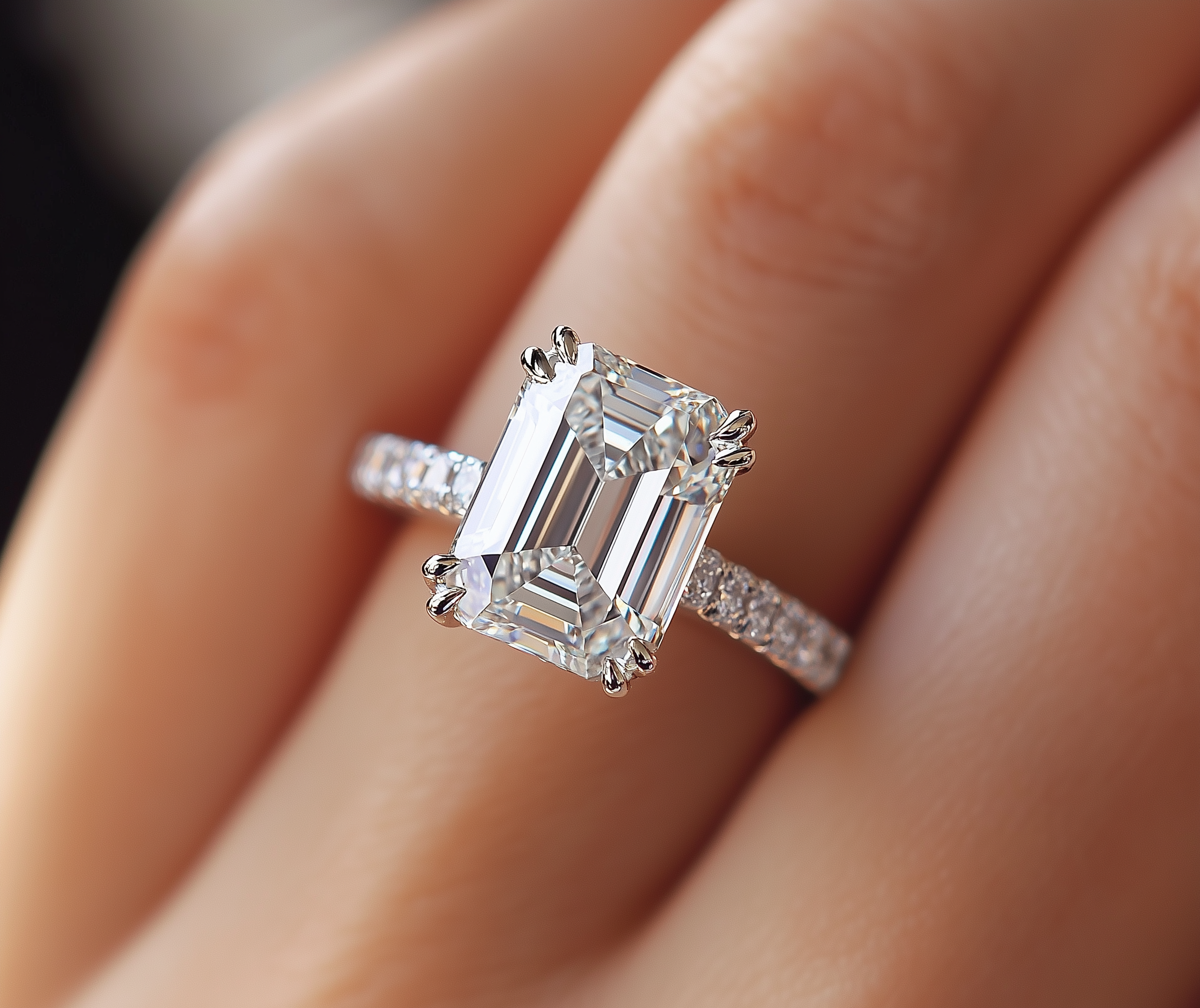 Nahaufnahme eines Diamantrings an einem Finger.