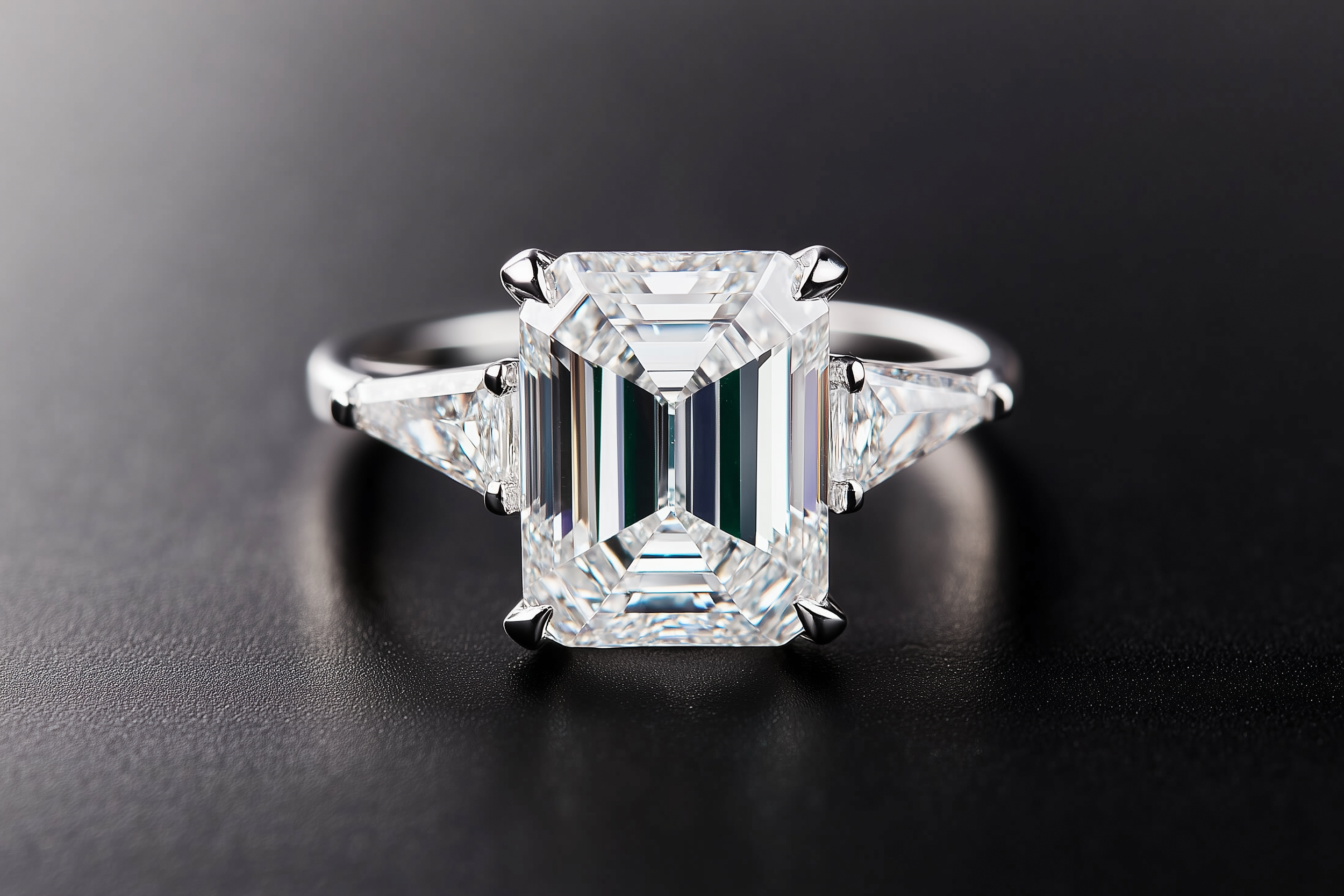 Ein eleganter Diamantring mit großem, quadratischem Diamanten auf schwarzem Hintergrund.