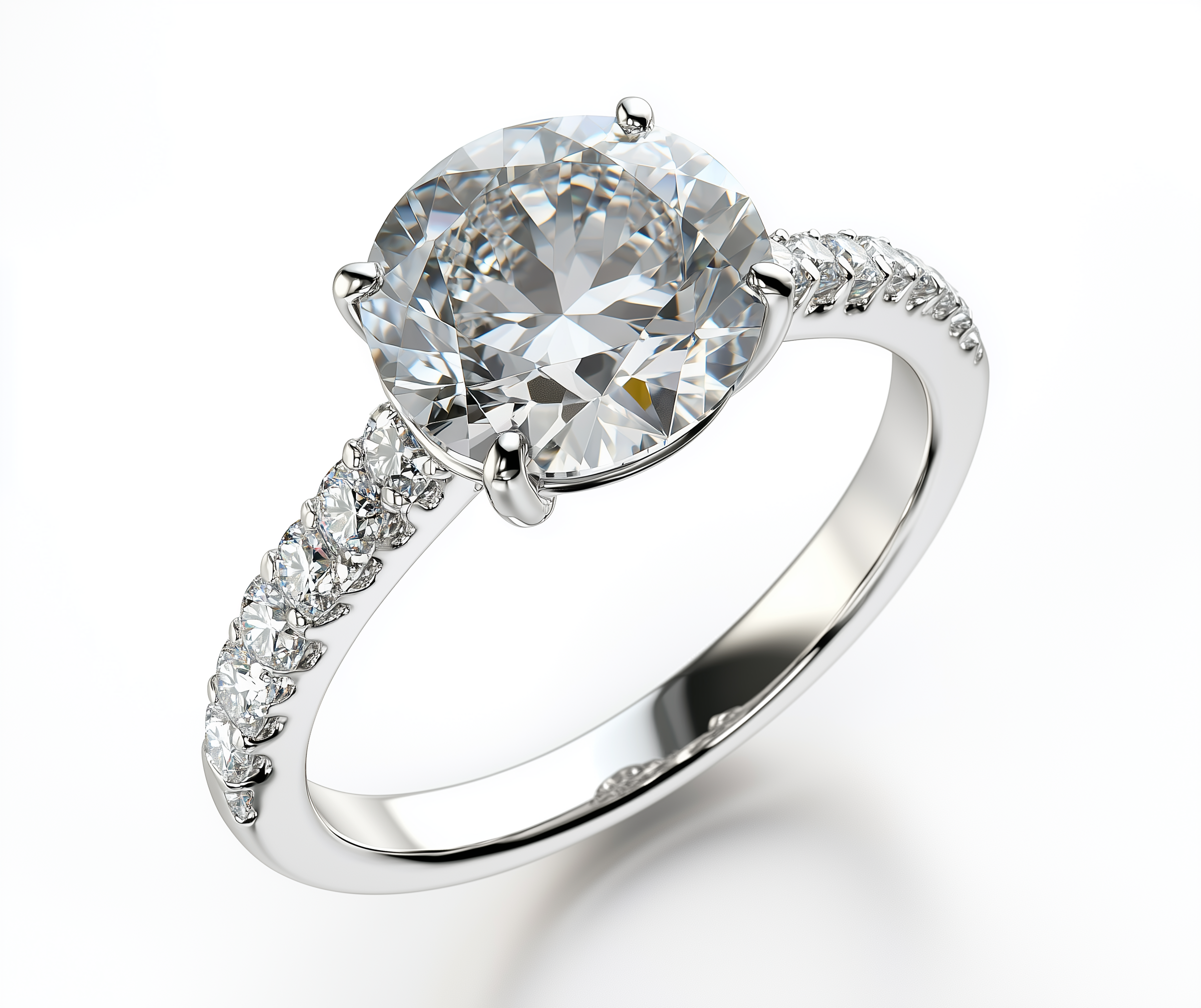 Ein Verlobungsring mit großem Diamanten in einer prunkvollen Fassung, begleitet von einem Ehering mit kleineren Diamanten auf weißem Hintergrund.