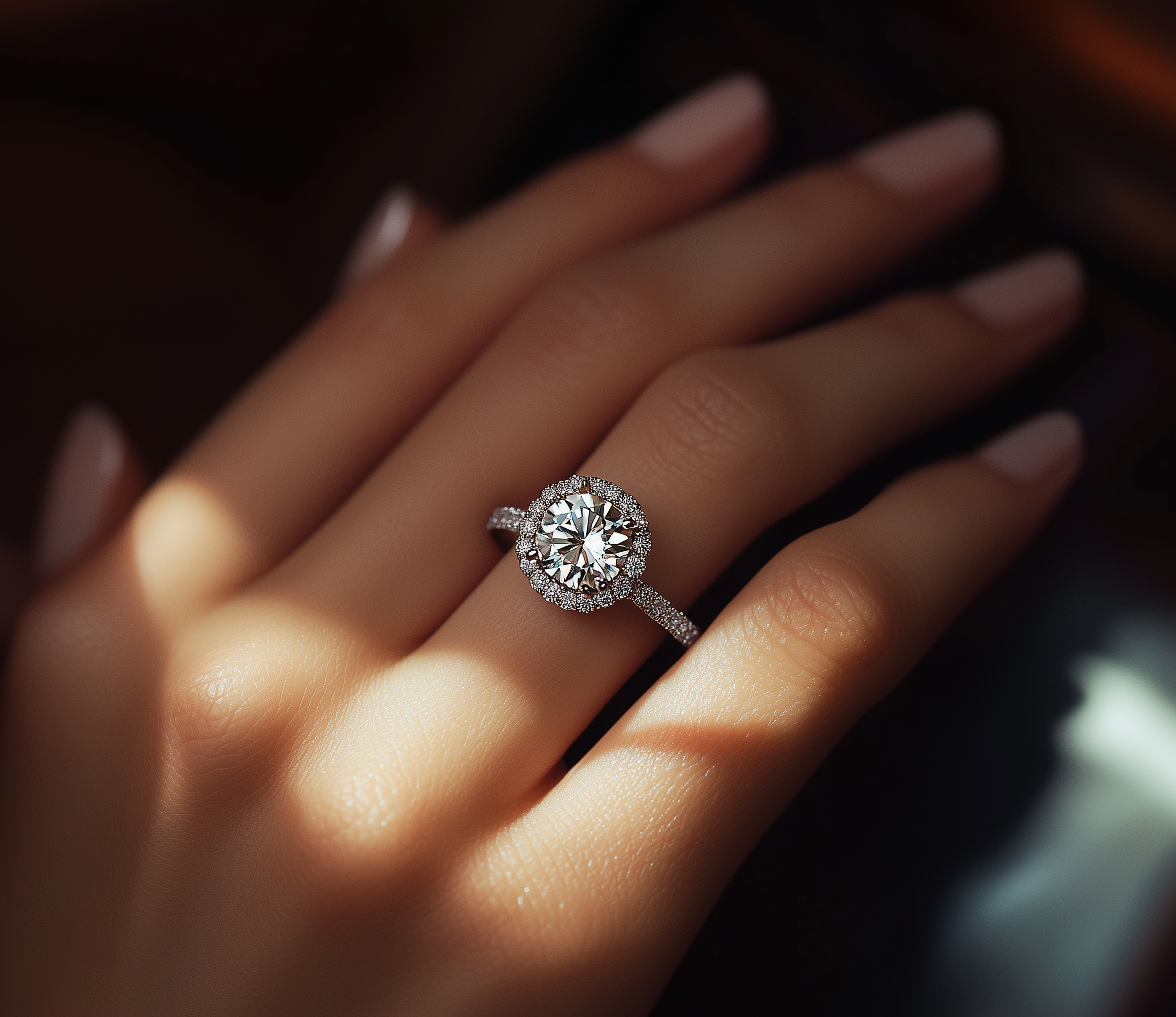 Nahaufnahme eines Rings mit großen Diamanten, getragen an einem Finger einer Hand, im Hintergrund das andere Finger und dunkle Schatten.