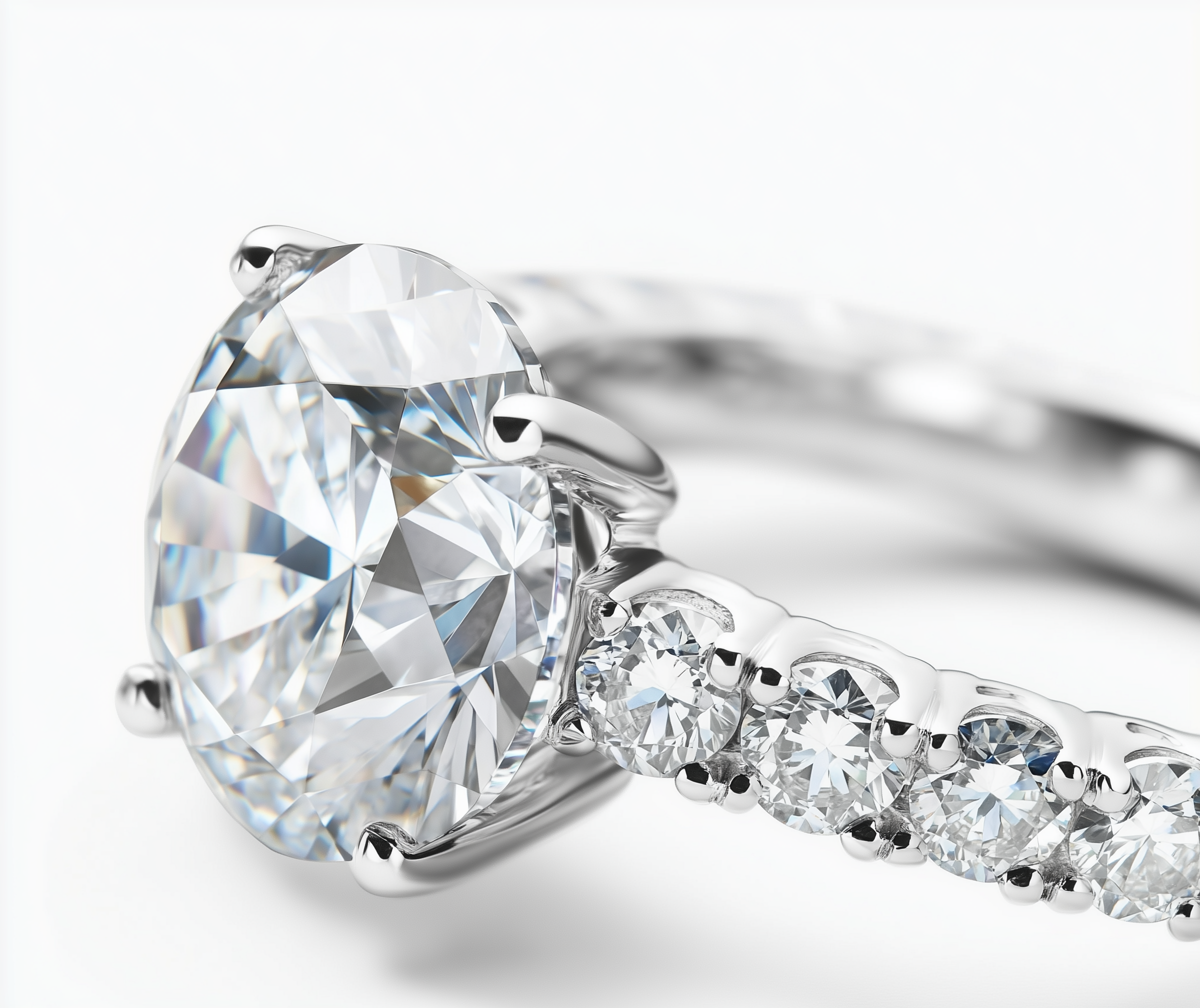 Nahaufnahme eines funkelnden Diamanten, der auf einer spiegelnden Oberfläche liegt, mit hellem, neutralem Hintergrund.