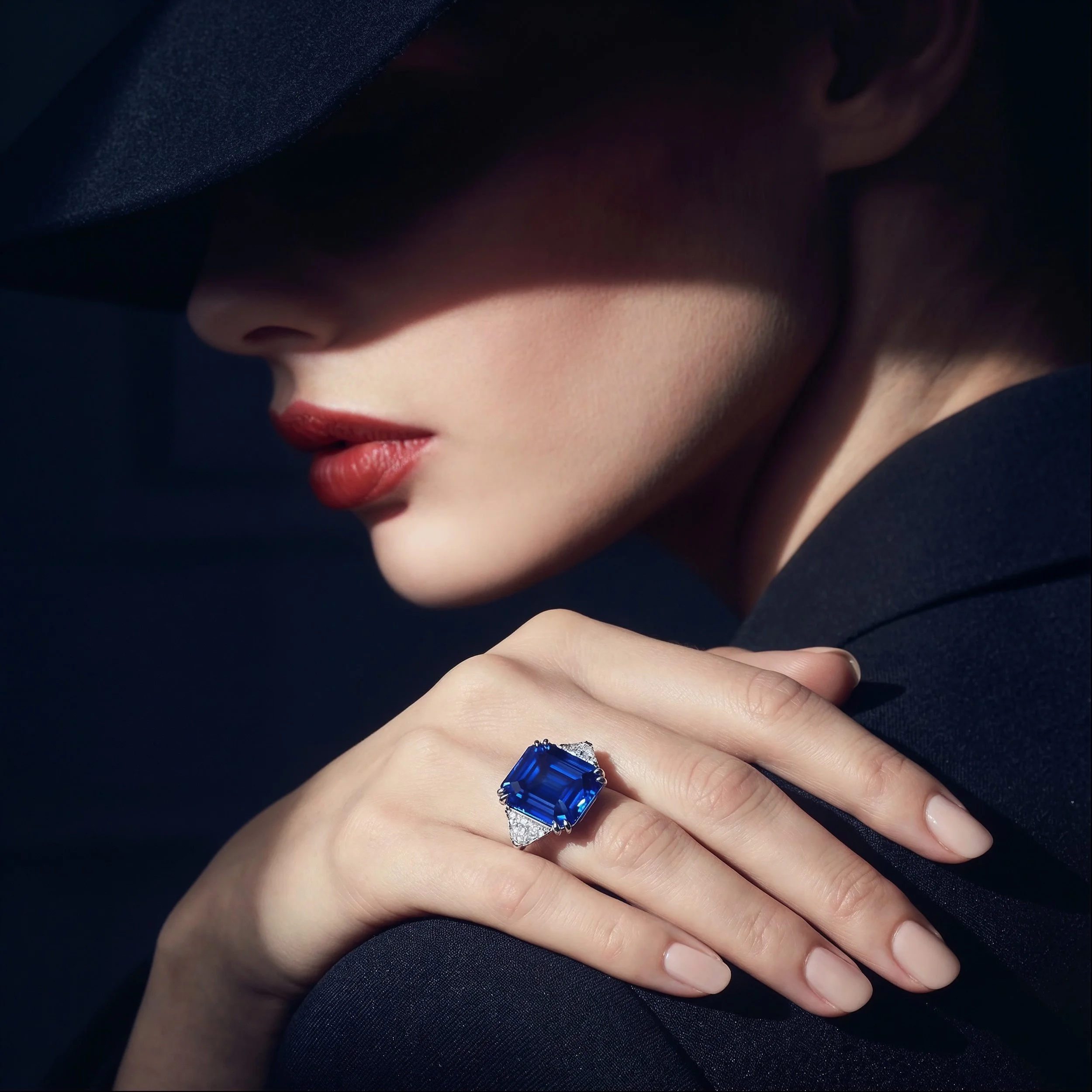 Nahaufnahme einer Hand mit einem großen blauen Edelsteinkelch-Ring, die eine andere Hand berührt, im Hintergrund schwarzer Stoff und ein Gesicht mit rotem Lippen, das zum Teil sichtbar ist.