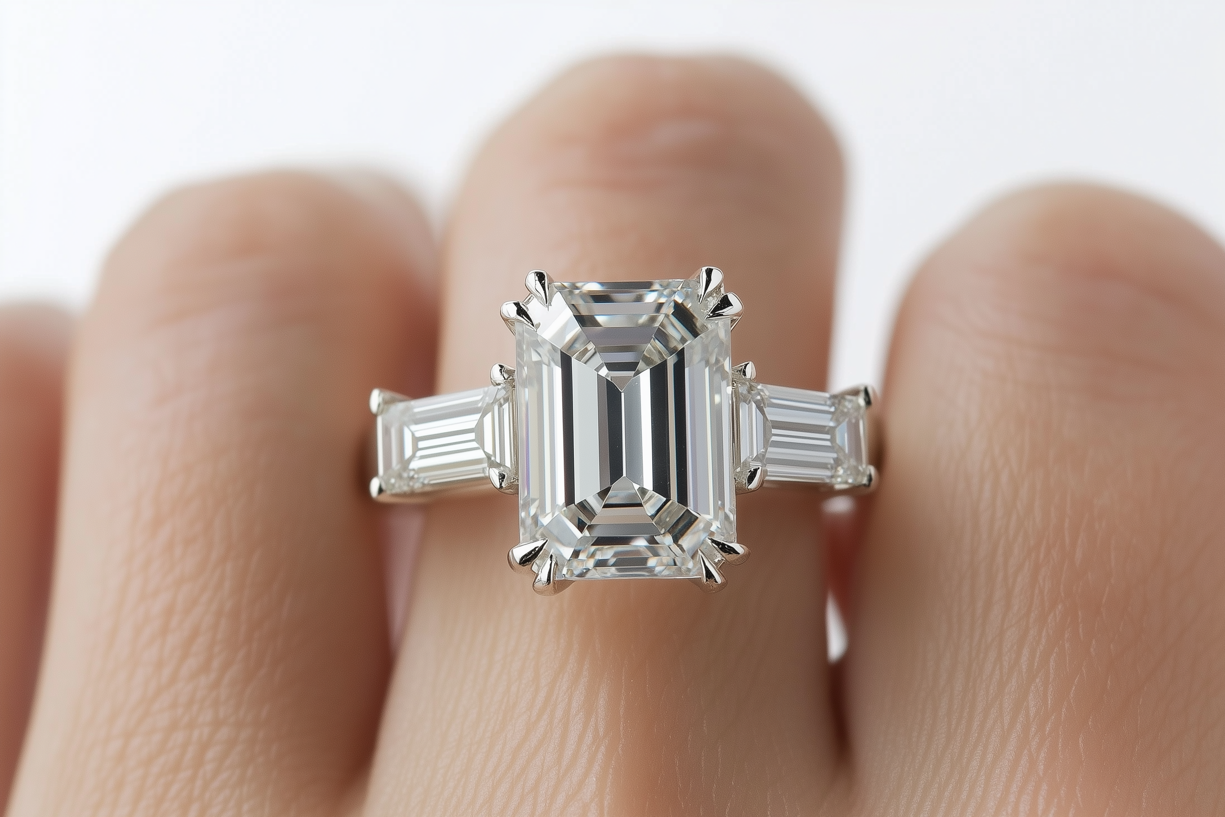 Ring mit großem kissenförmigem Diamanten auf Finger einer Person