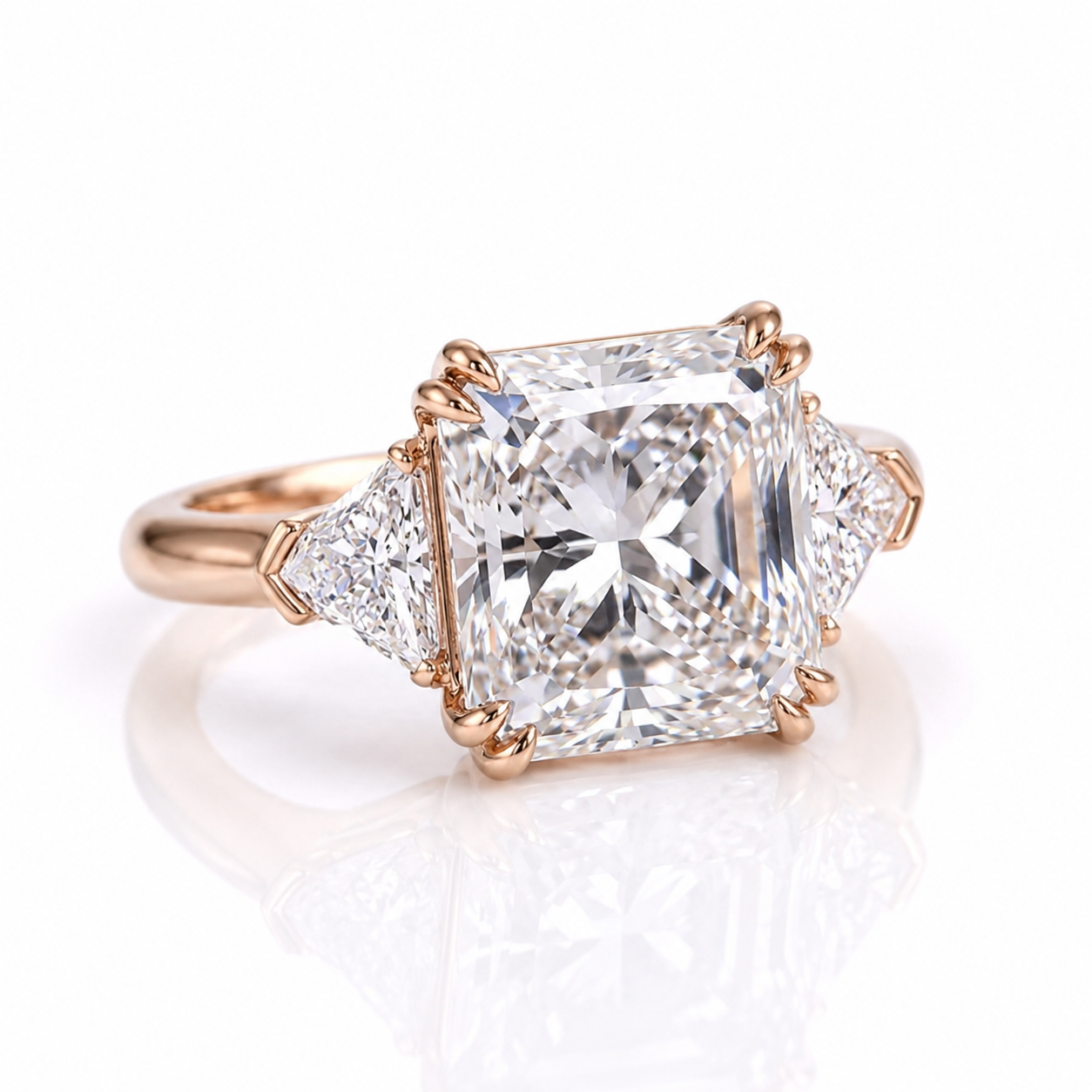 Verlobungsring mit großen quadratischen Diamanten und kleineren Seitendiamanten in einer roségoldenen Fassung.