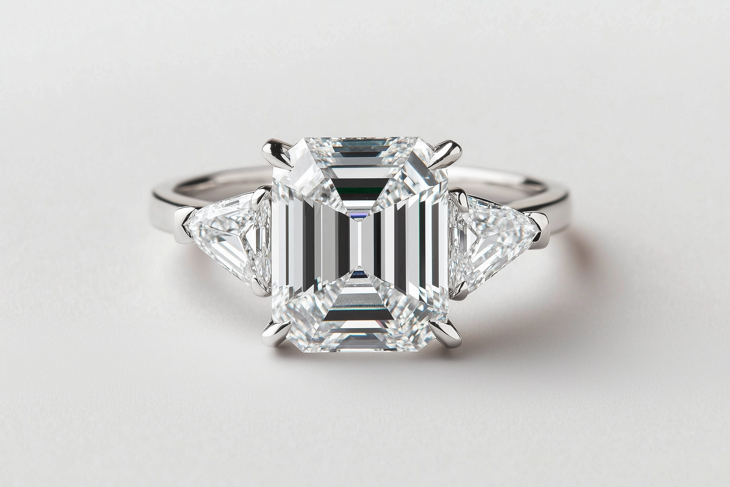 Eine elegante Verlobungsring mit großem, rechteckigem Diamanten in einer prunkvollen, quadratischen Fassung. Der Ring ist aus Weißgold oder Platin und liegt auf einem neutralen Hintergrund.