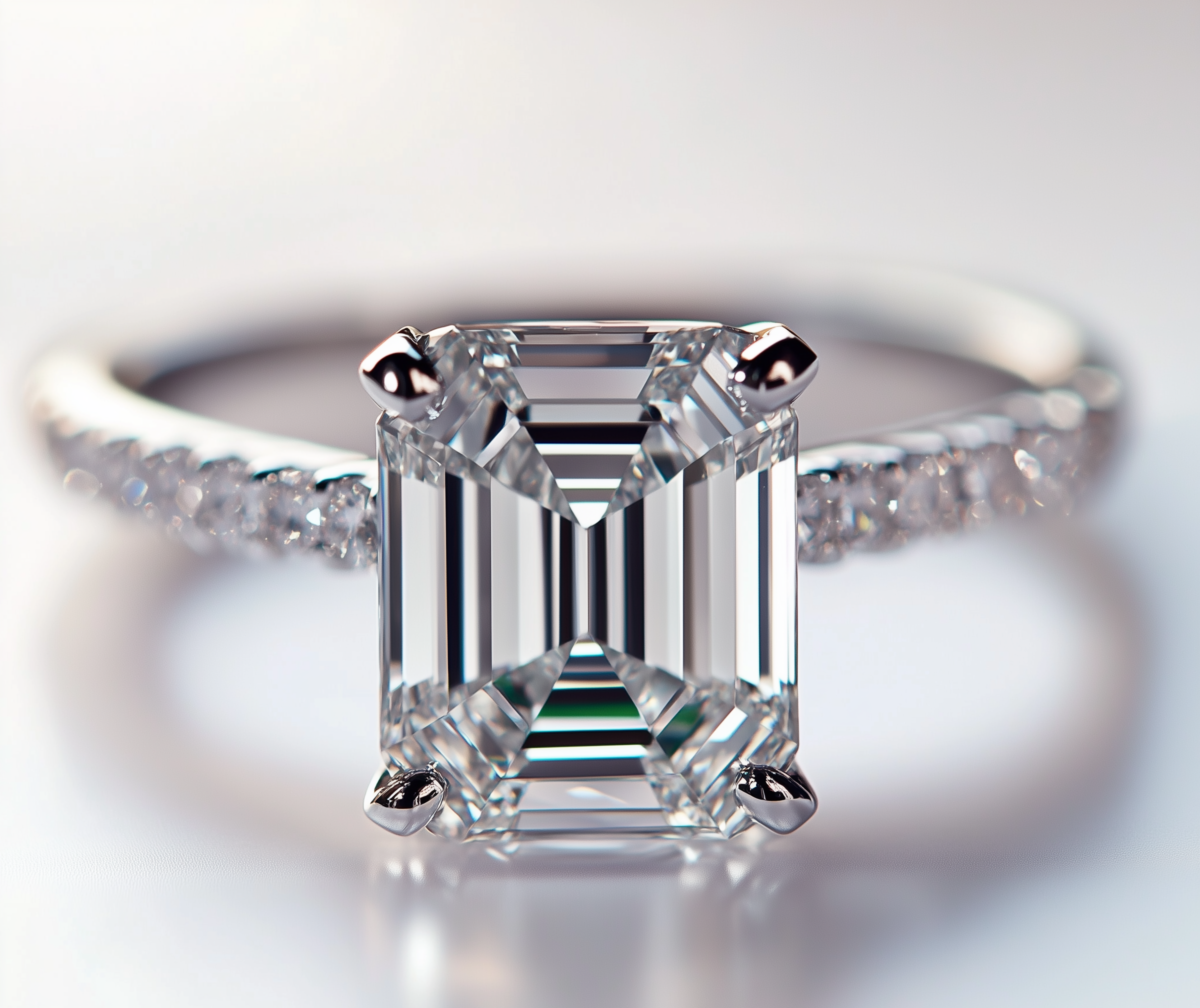 Ein versteinerter Diamant auf einem weißen Hintergrund, der die Ränder eines eleganten Rings bildet.