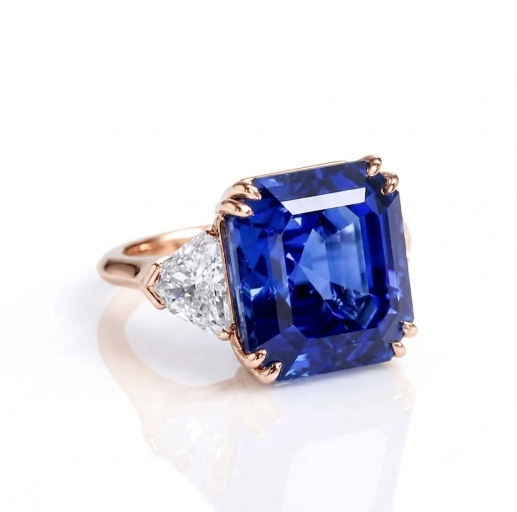 Ring mit großem, rechteckigem blauen Saphir in goldener Fassung, seitlich ein kleiner Diamant in silberner Fassung