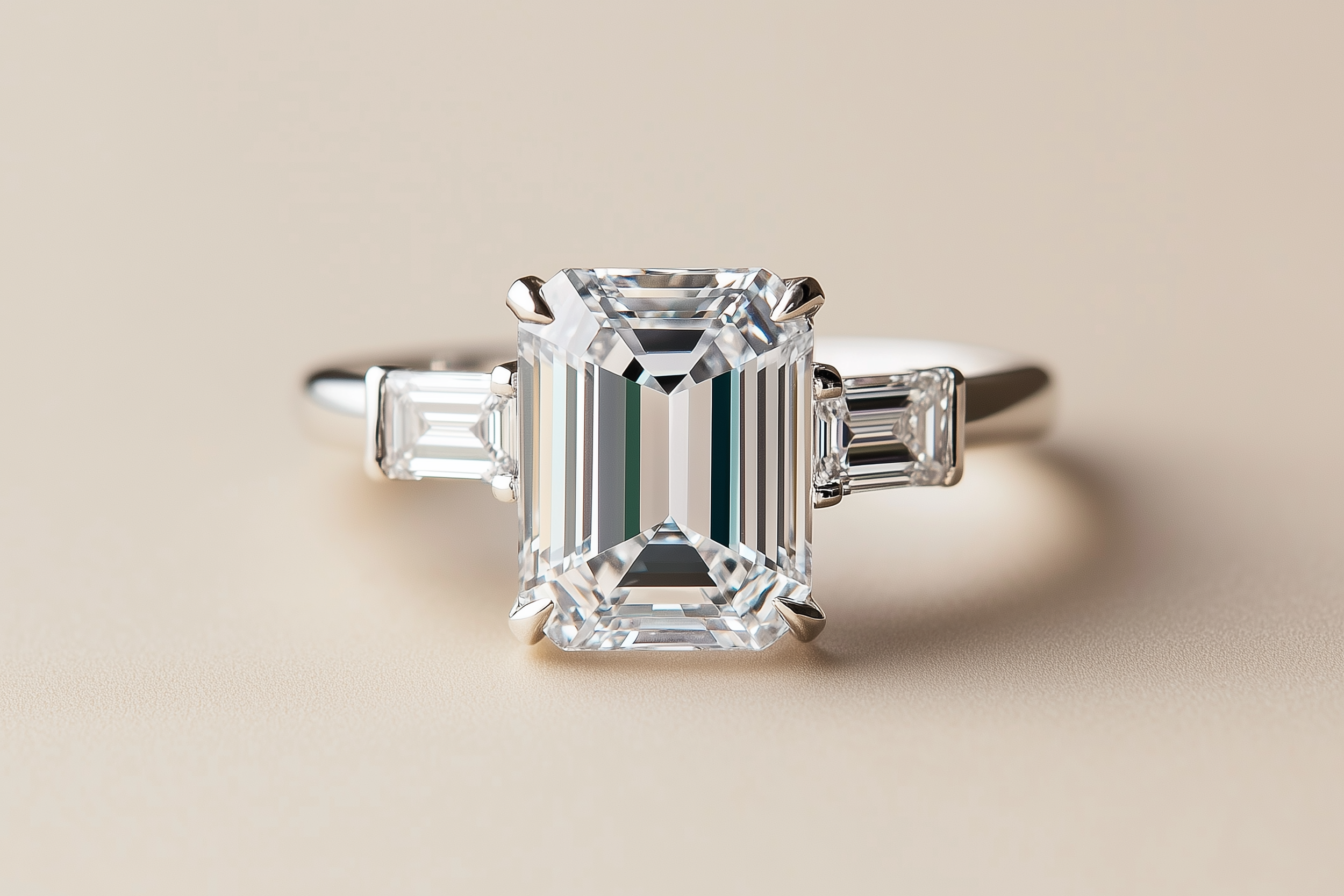 Ein Verlobungsring mit einem großen rechteckigen Diamanten in der Mitte und kleineren rechteckigen Diamanten an den Seiten, alles eingearbeitet in einen silbernen Ring.