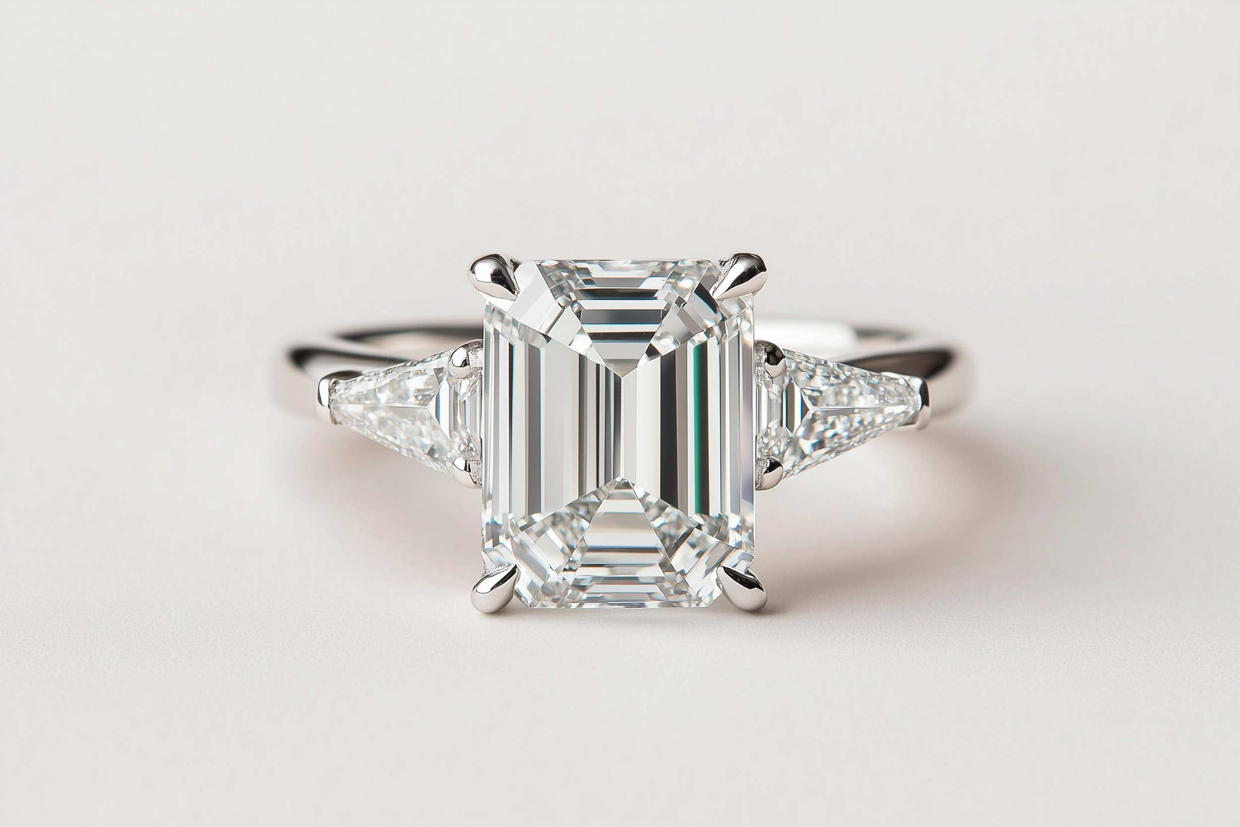Ein Edelsteinring mit einem großen, quadratischen Diamanten in einer silbernen Fassung auf weißem Hintergrund.