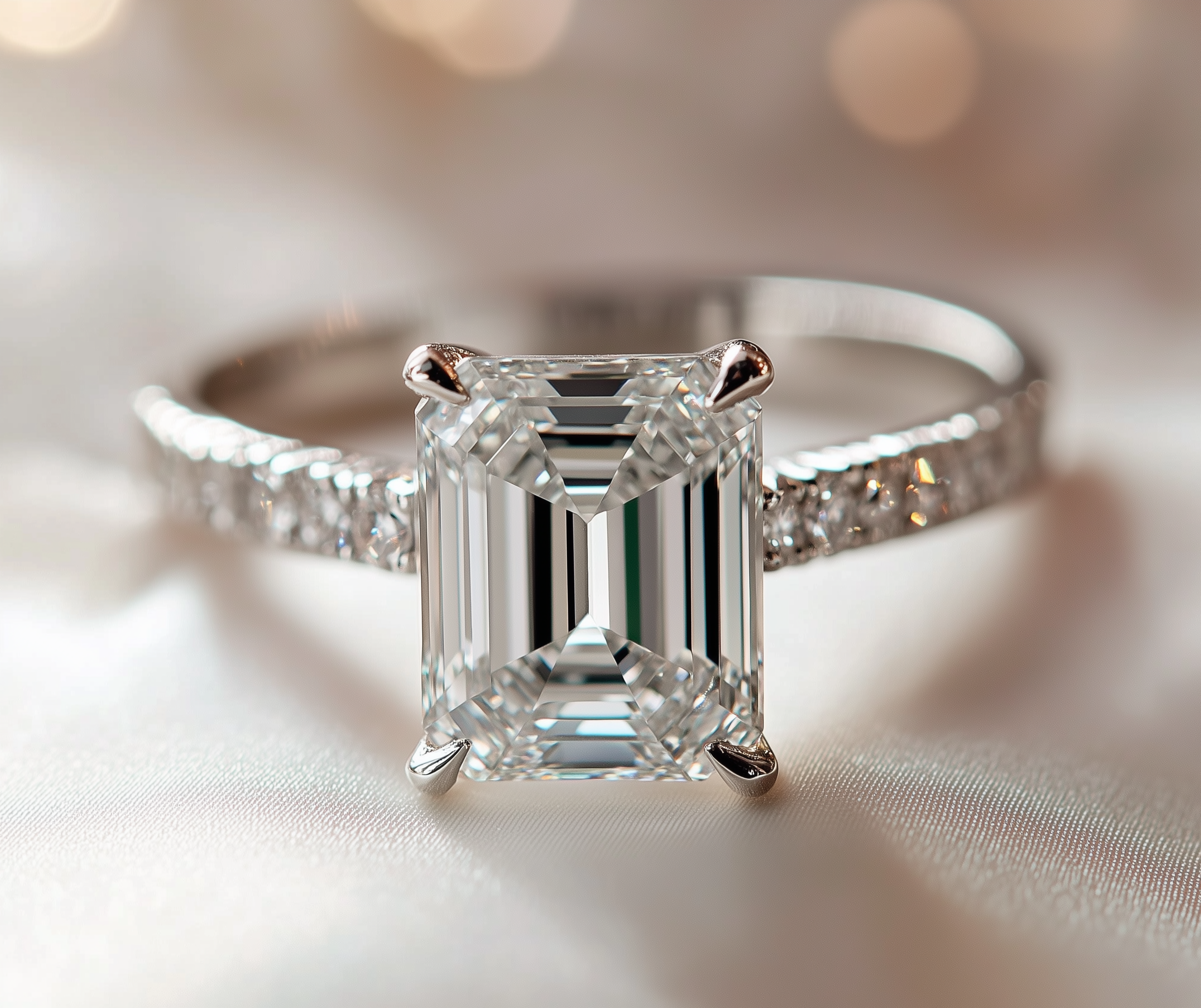Ein detailreicher, klarer Diamantring mit einem großen, quadratischen Diamanten in einem eleganten Fassung auf einem weißen Hintergrund.