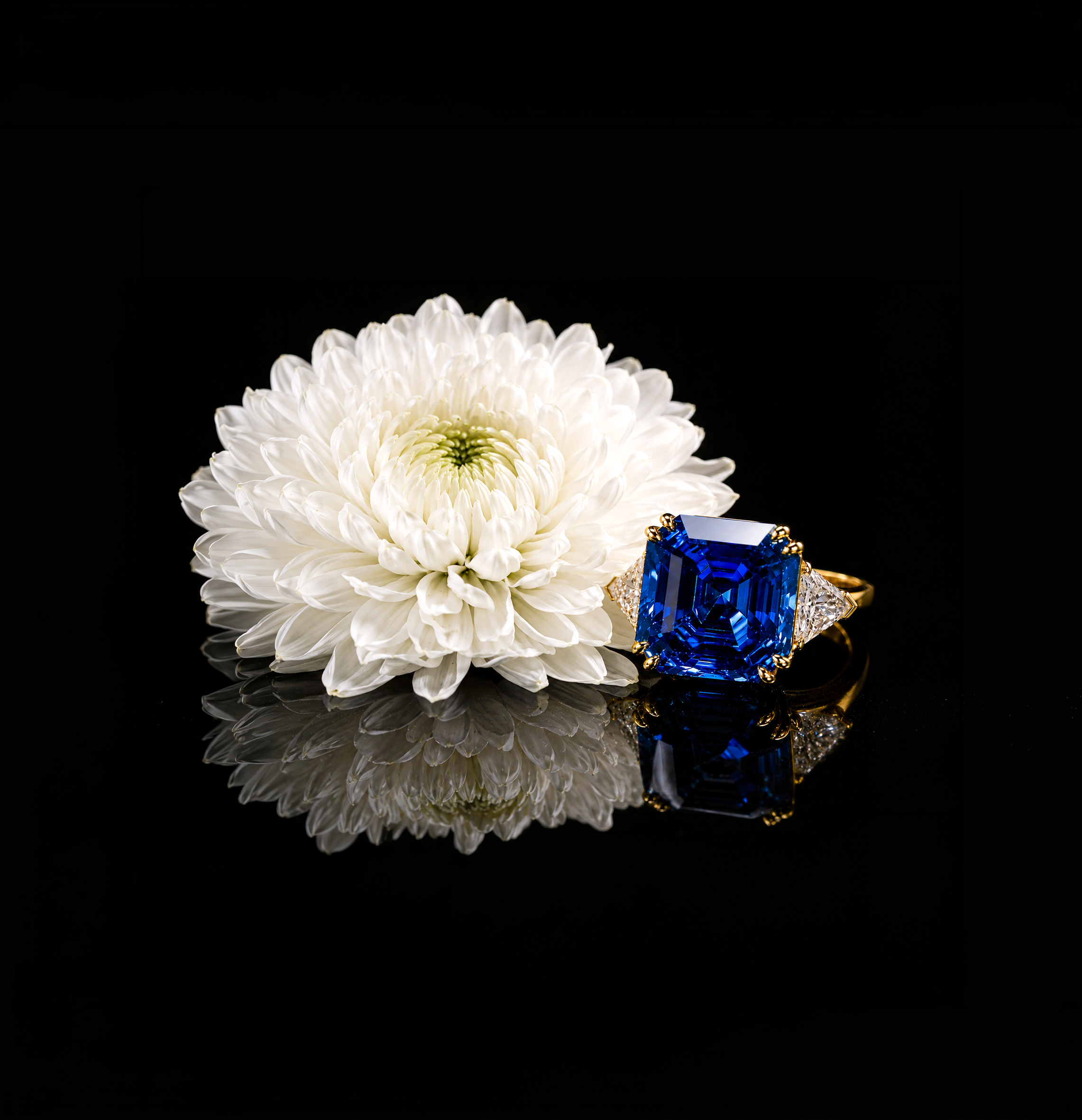 Weiße Chrysantheme vor einem schwarzen Hintergrund, darunter ein großer blauer Saphirring mit Diamanten, der in Nahaufnahme fotografiert wurde.