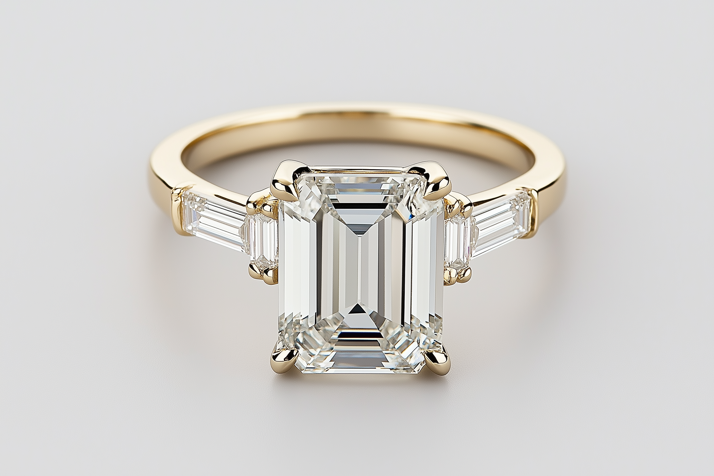 Ein eleganter Ring aus Gold mit einem großen, rechteckigen Diamanten in der Mitte, flankiert von kleineren Diamanten, auf einem weißen Hintergrund.