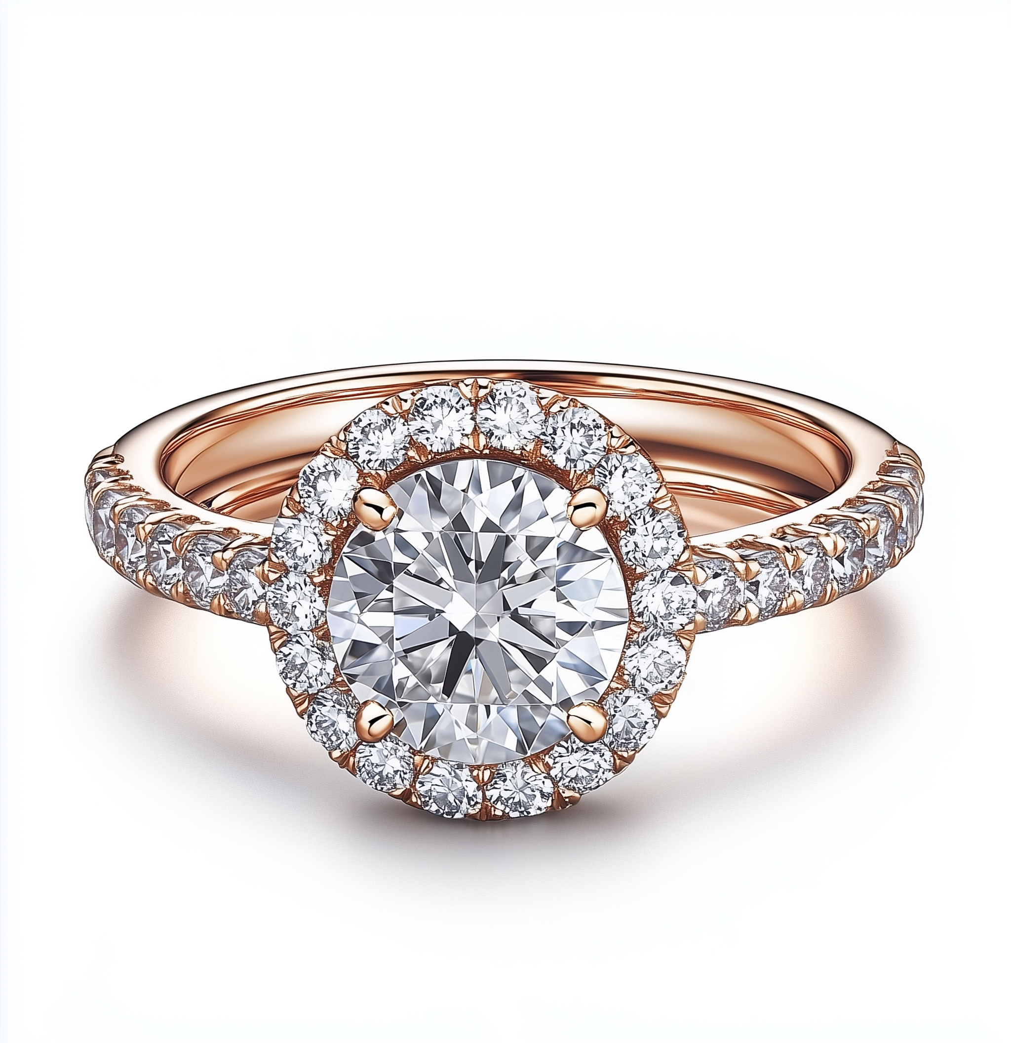Ein Verlobungsring mit einem großen mittleren Diamanten und kleineren Diamanten im Diamantenkreis, umgeben von weiteren kleinen Diamanten, aus roségoldenem Edelstahl.