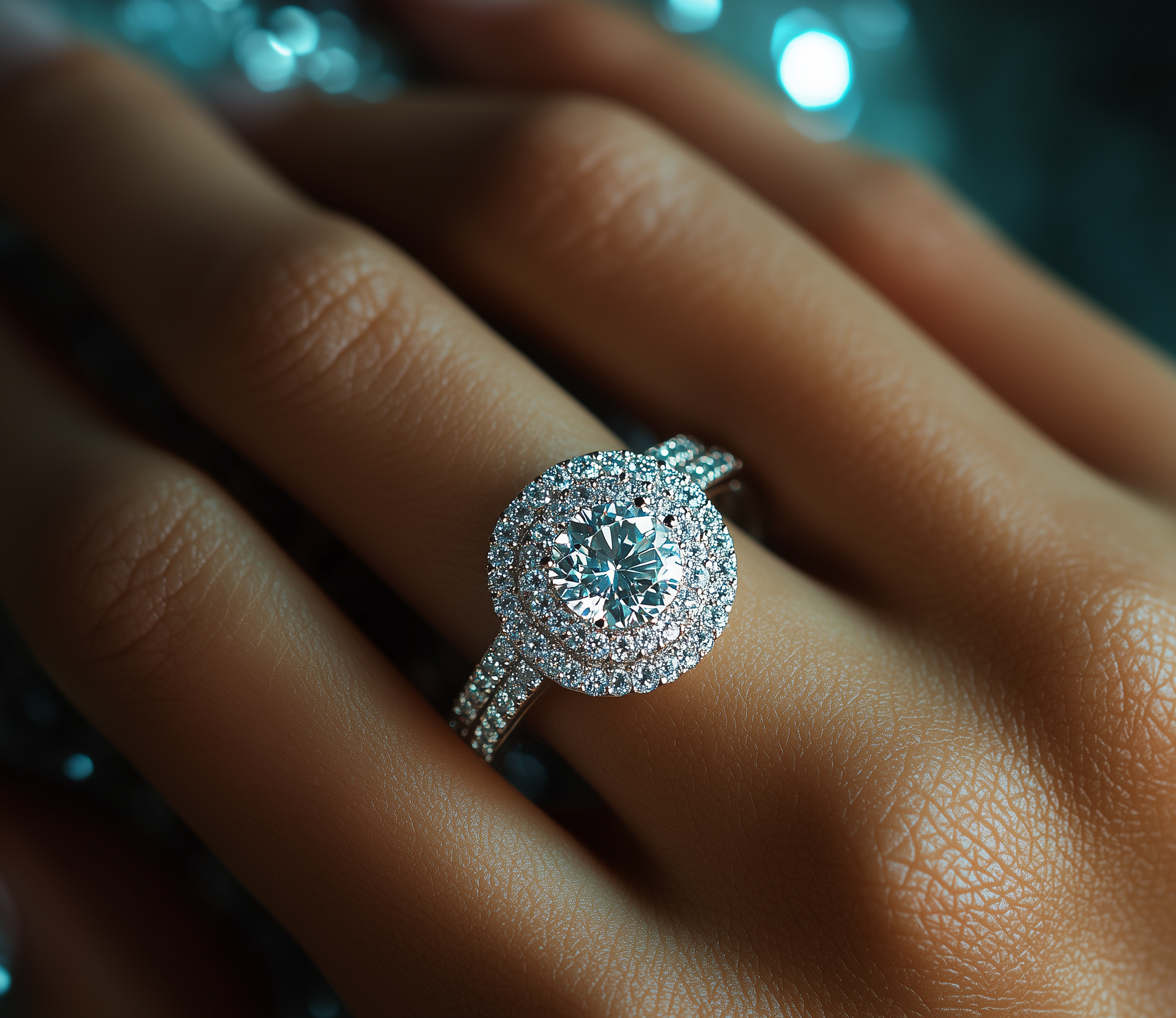 Nahaufnahme eines klassischen Diamantrings mit großen, glänzenden Diamanten an einem Finger, mit einem unscharfen, glitzernden Hintergrund.
