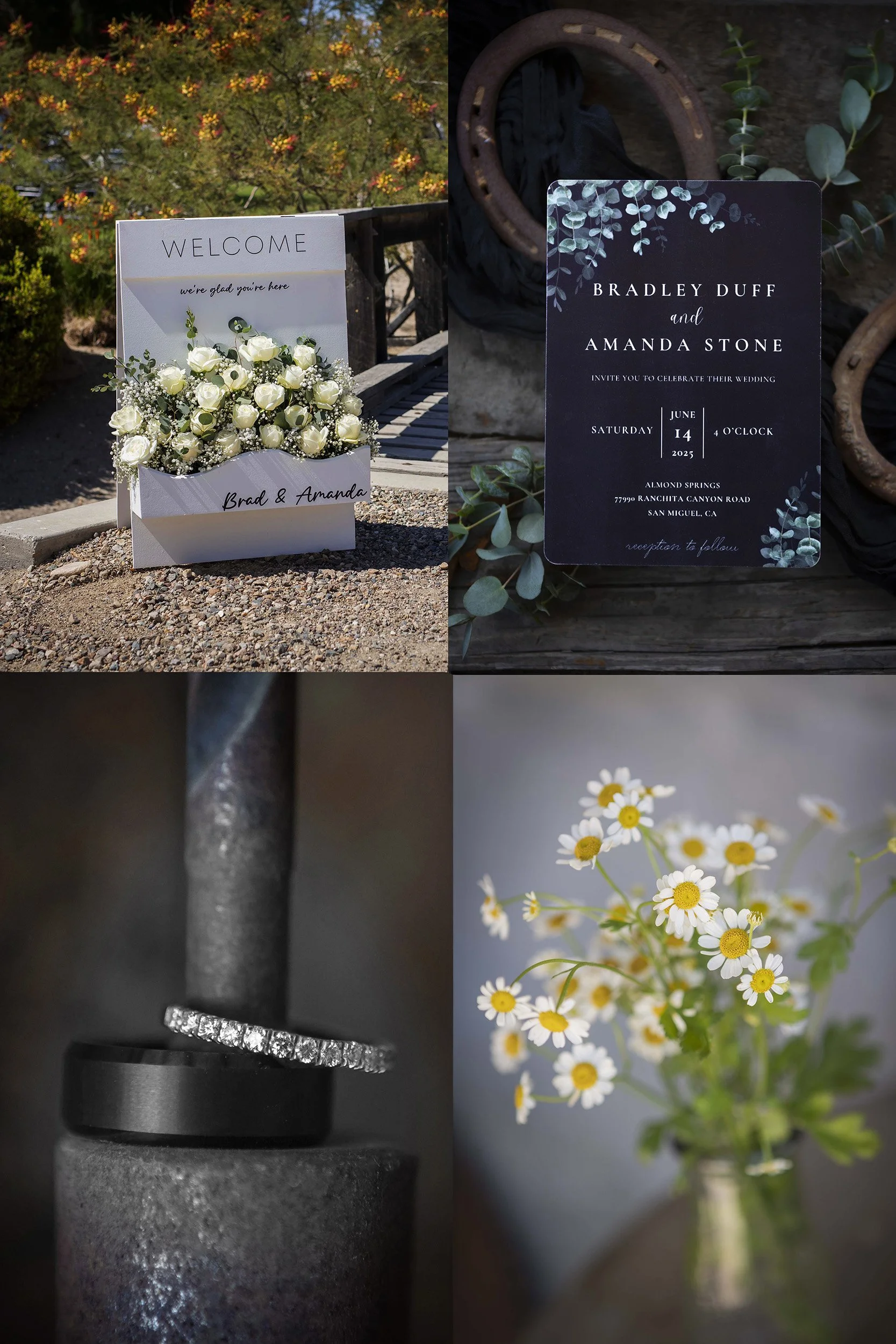 A collage of four wedding-related photos: a white box of white roses with greenery and a "welcome" sign, a wedding invitation for Bradley Duff and Amanda Stone, two wedding rings (one with diamonds) stacked on a ring holder, and a jar of daisy flower