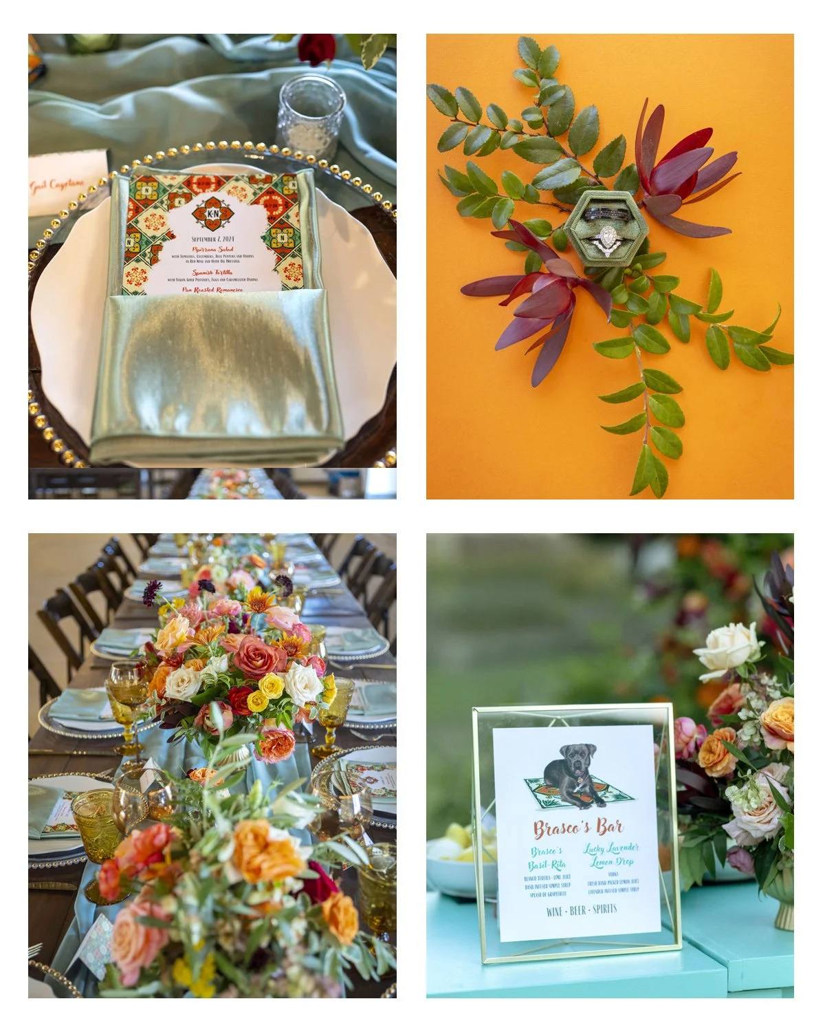 Collage of four images: a table setting with a menu on a plate and green satin napkin, a flat lay of a ring box with an engagement ring and decorative leaves, a decorated dining table with colorful flowers, and a sign for Brasco's Bar with a dog illu