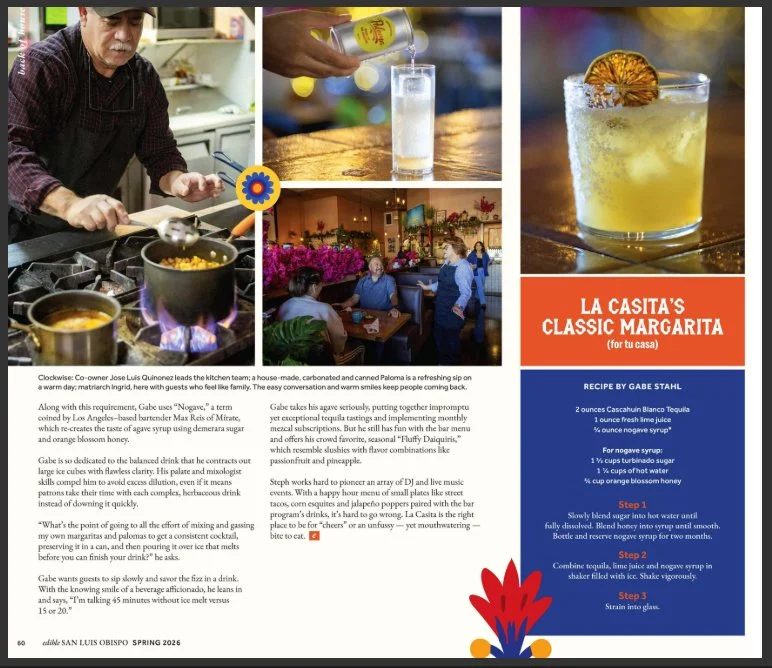 The image shows a chef cooking in a kitchen, a person pouring what appears to be alcohol into a glass, a close-up of a margarita cocktail with a citrus garnish, a colorful restaurant interior with patrons dining, and a recipe for a classic margarita.