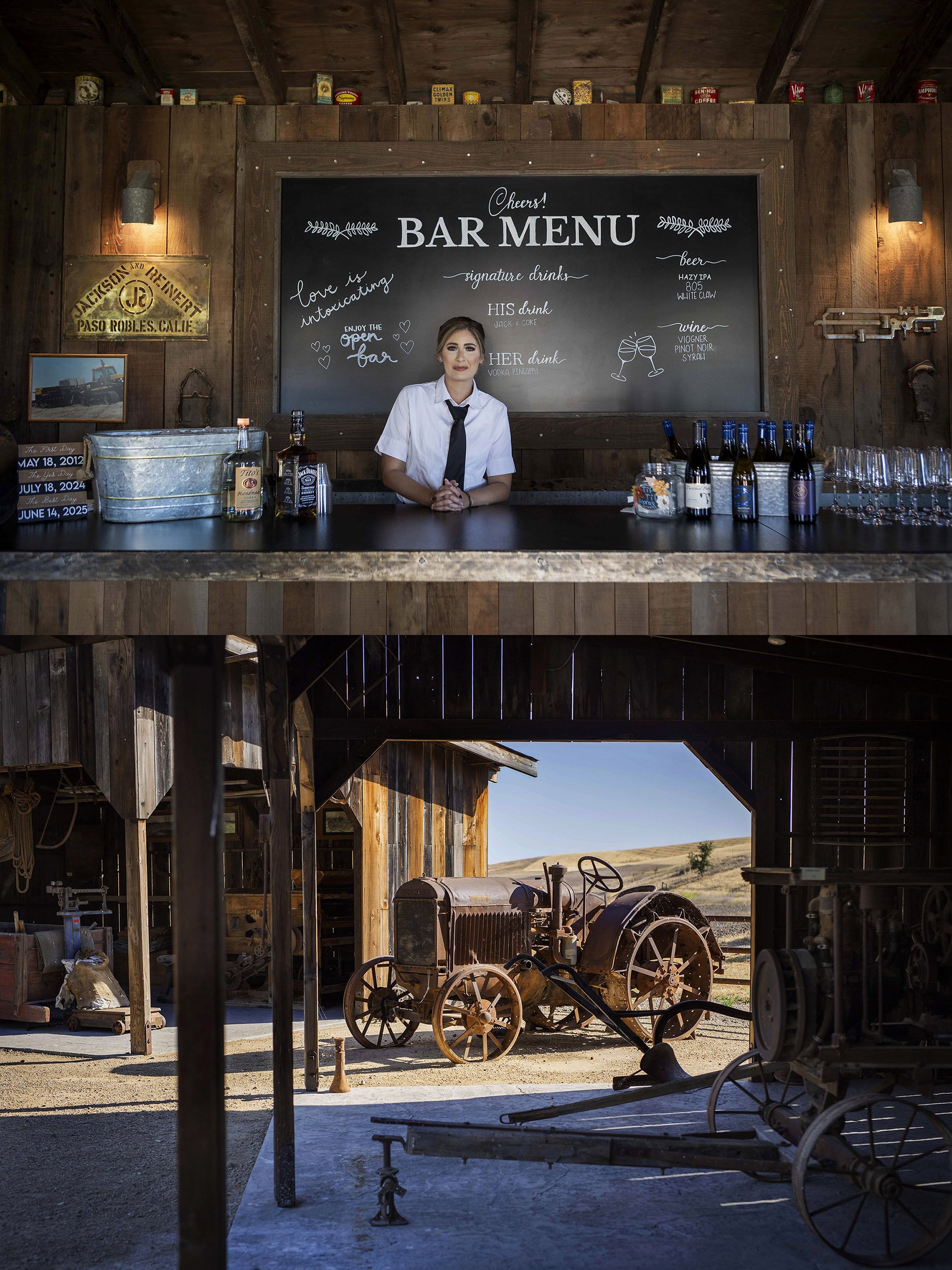 The top image shows a woman behind a wooden bar counter with drinks and a chalkboard menu in the background. The bottom image depicts an outdoor scene with vintage farming equipment, including an old tractor, under a barn structure with rustic wooden
