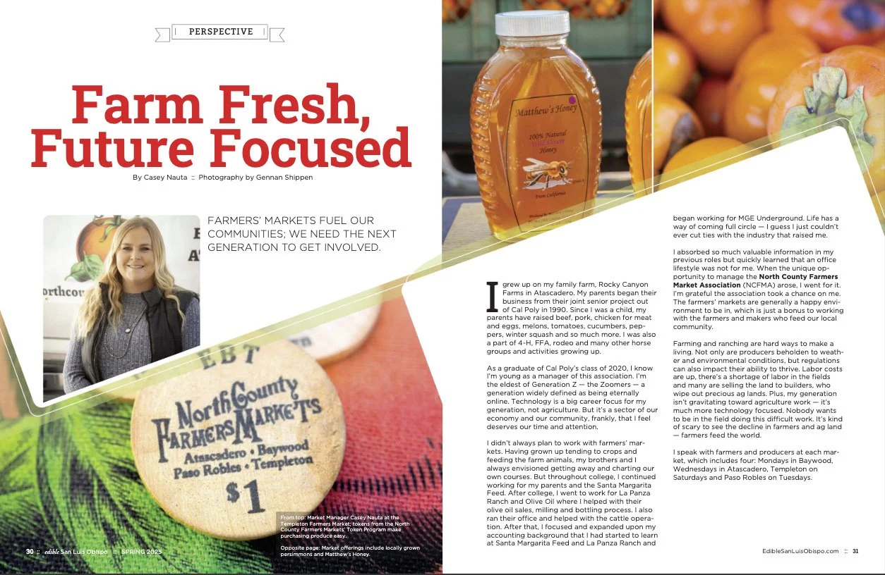 Magazine article titled 'Farm Fresh, Future Focused' discussing local farmers markets, featuring a photo of a smiling woman, a jar of honey, and a market price tag for North County Farmers Markets.