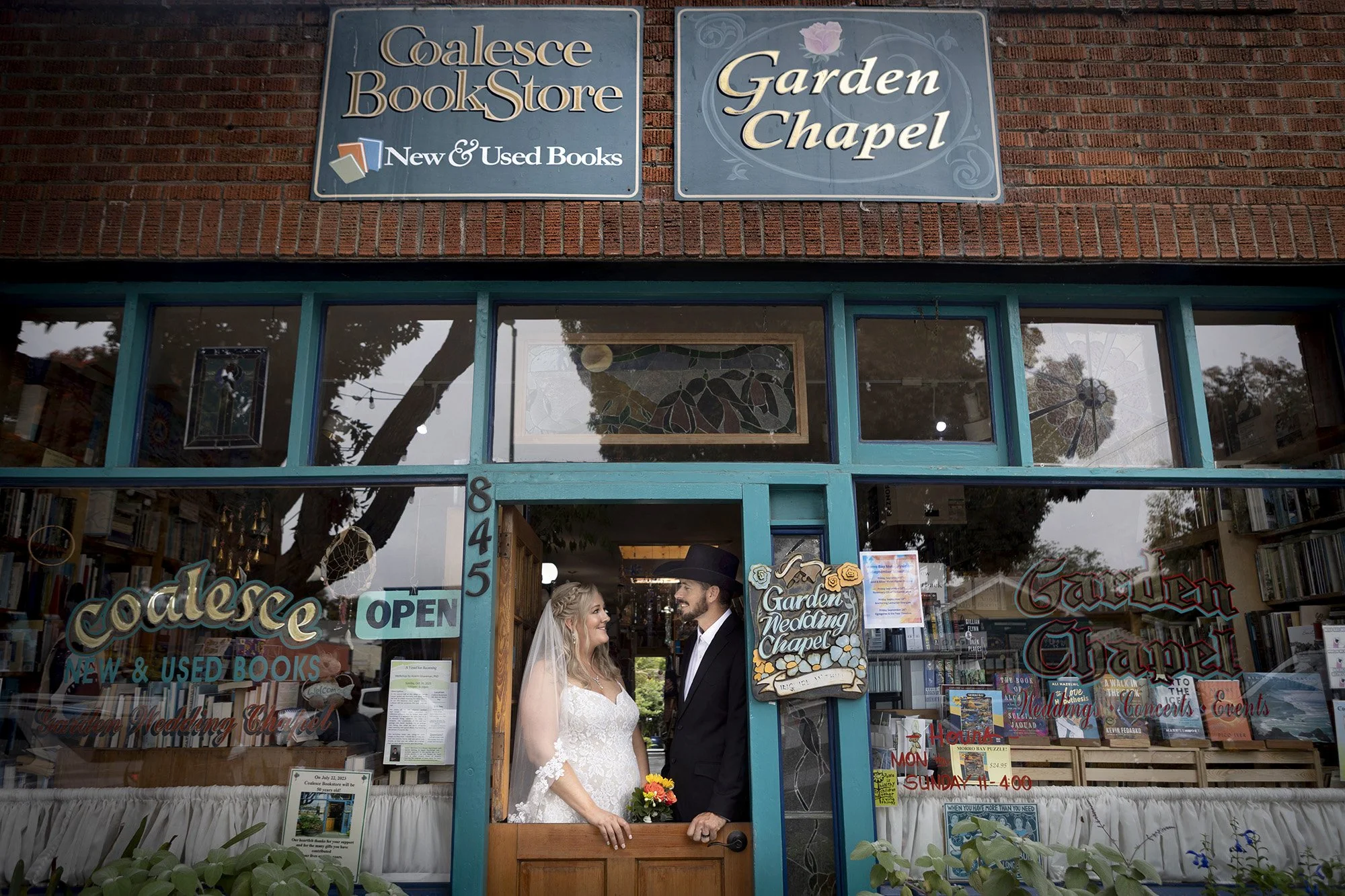 Bride and groom portraits at Morro Bay Coalesce Bookstore