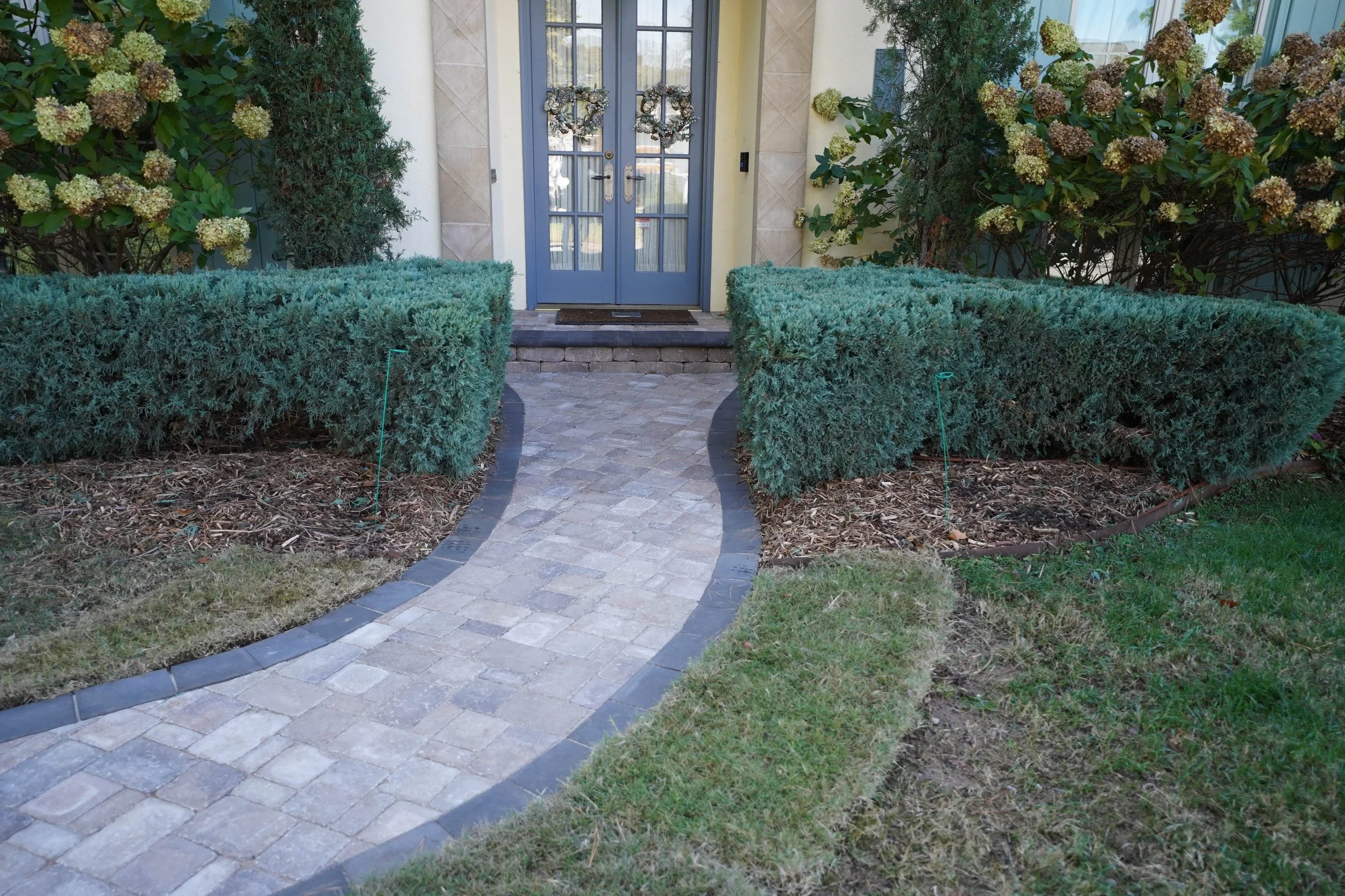 A brick pathway leading to a blue double door with glass panes, flanked by neatly trimmed green bushes and flowering plants on both sides.