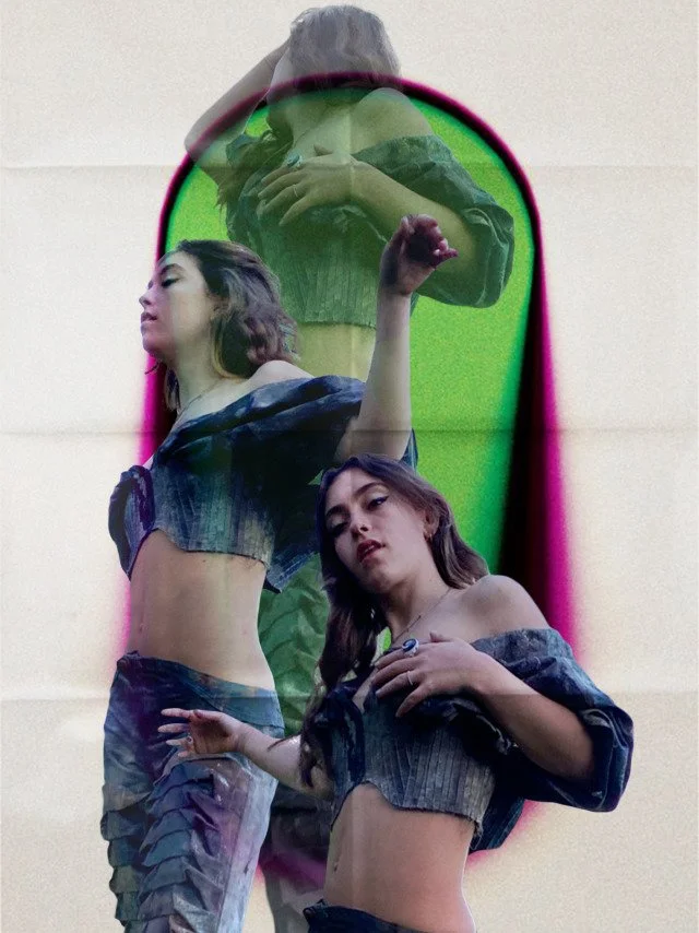 Artistic collage of a woman in textured clothing against a colorful gradient background