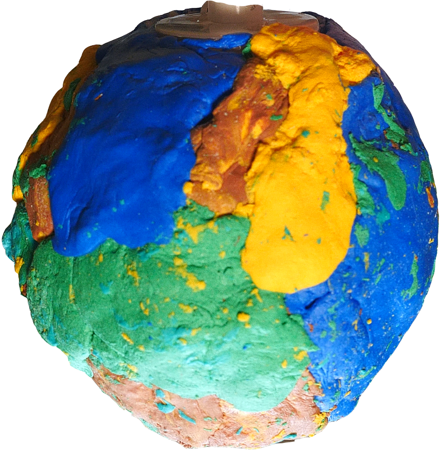 Colorful clay model of a globe with blue, green, yellow, and brown sections representing continents and oceans.