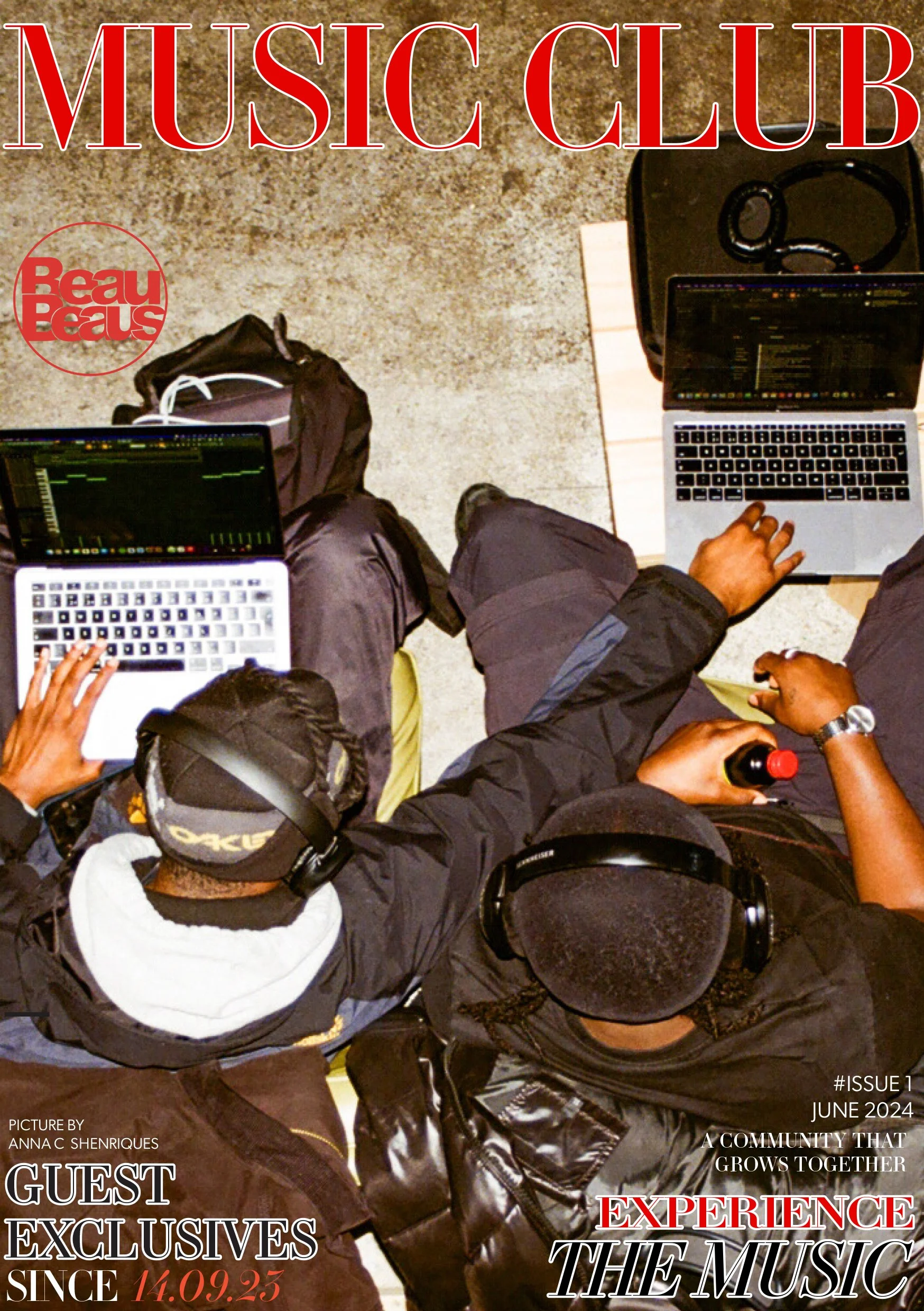 Overhead view of two people with headphones working on laptops labeled "Music Club" issue, with text about guest exclusives and community experience.