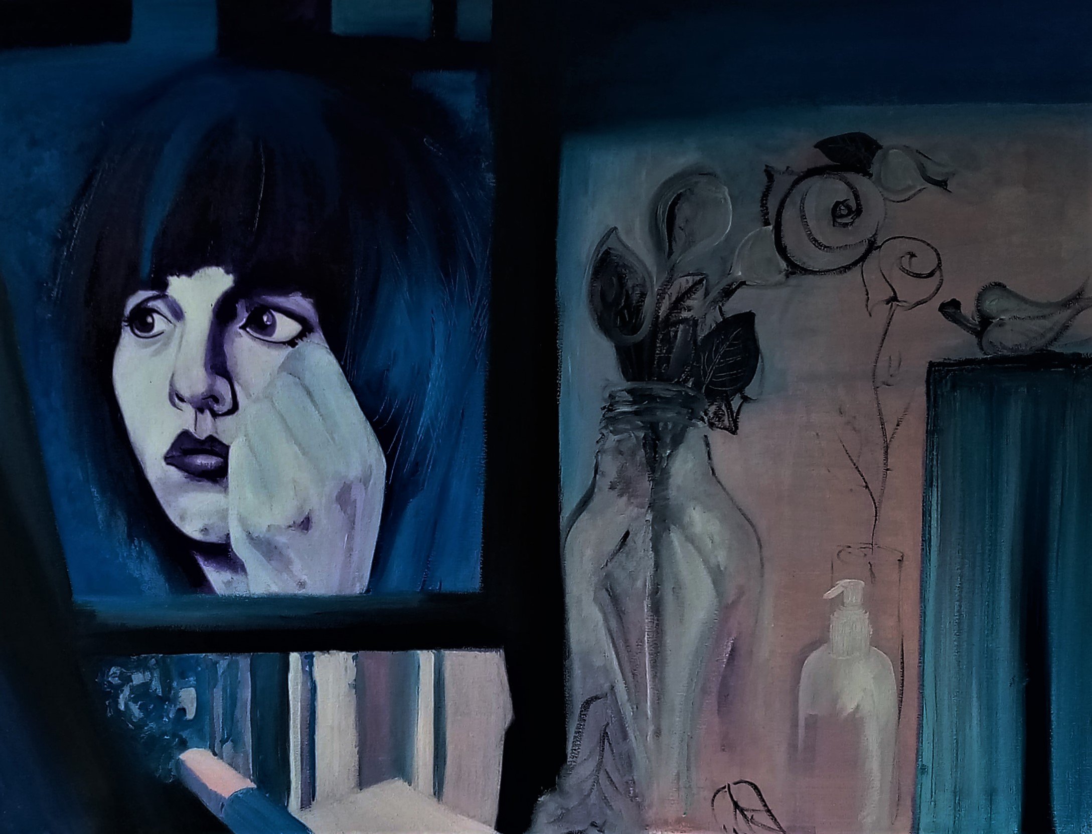 Abstract painting featuring a monochrome portrait of a pensive person on the left, with a hand on their cheek. On the right, a sketch of a vase with flowers and a small bird. The color palette is predominantly blue and gray.
