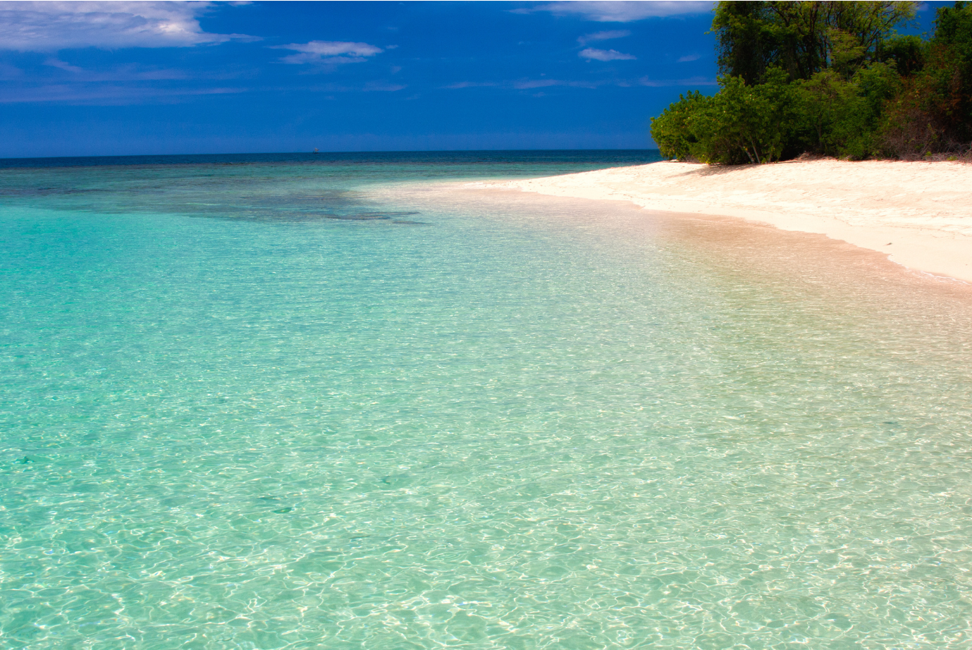 Clear turquoise water gently lapping a white sandy beach, with green trees and a blue sky with clouds in the background.