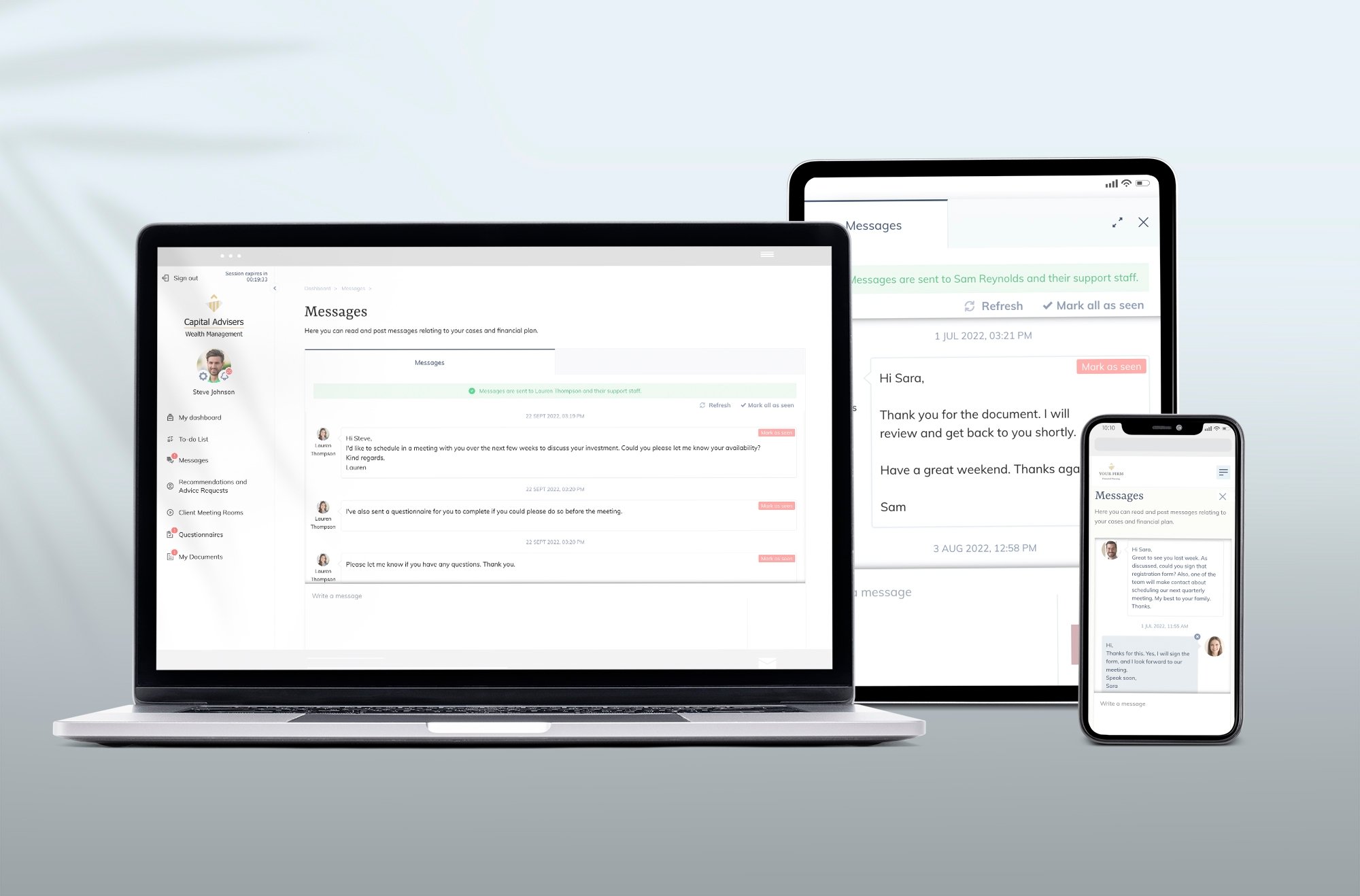 Image of financial communication platform showing chat messages for efficient client communication