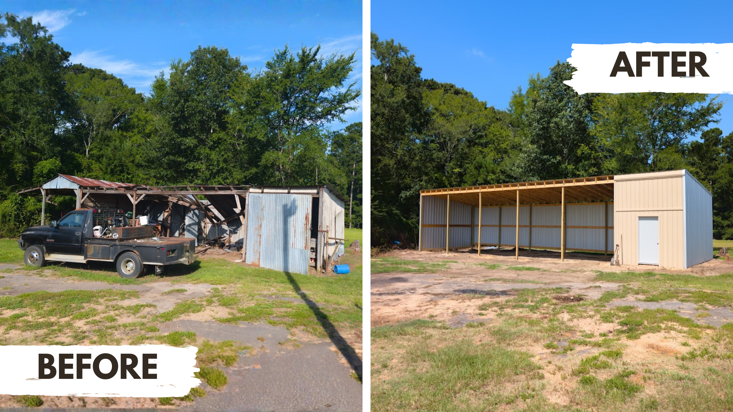 Hey y'all!

Check out this transformation. The original pole barn on this property in Gilmer Tx was built back in the 1950s. We tore the old structure down and rebuilt it from the ground up-now it's a 60-ft long by 14-ft wide pole barn with five trac